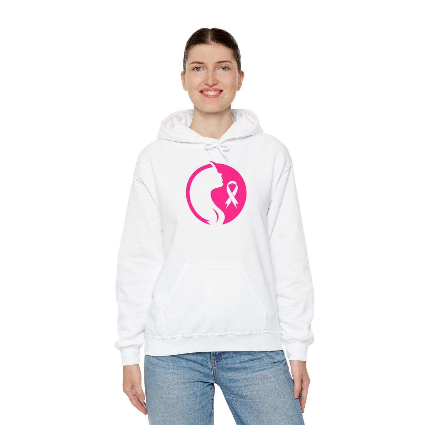 Unisex Heavy Blend™ Hooded Sweatshirt ADULT/TEEN ACTIVEWEAR BREAST CASNCER AWARENESS RIBBON PINK WITH WOMAN SILHOUETTE DEDICATED TO BRANDY PEW