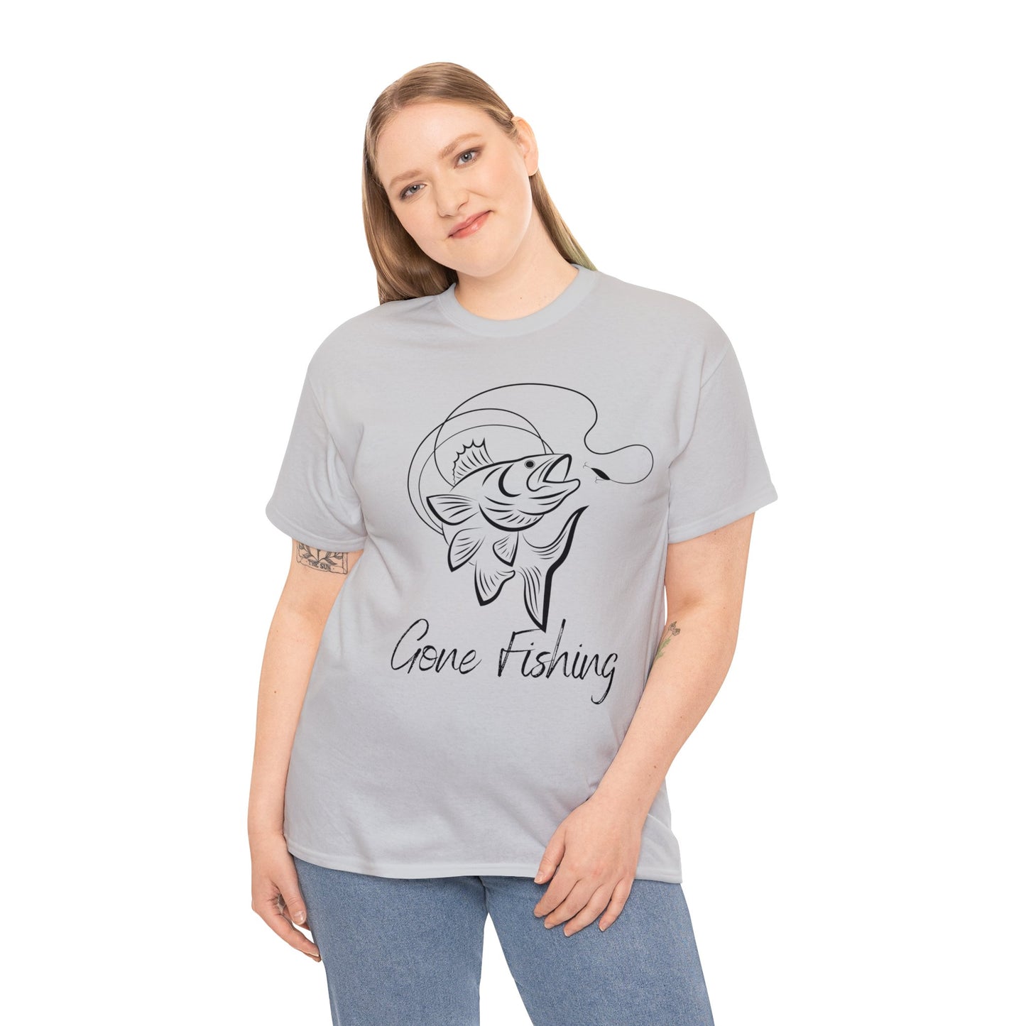 Unisex Heavy Cotton Tee Adult/Teen Gone Fishing w/ Image of Fish in Black Outline T-shirt Comes in Many Colors