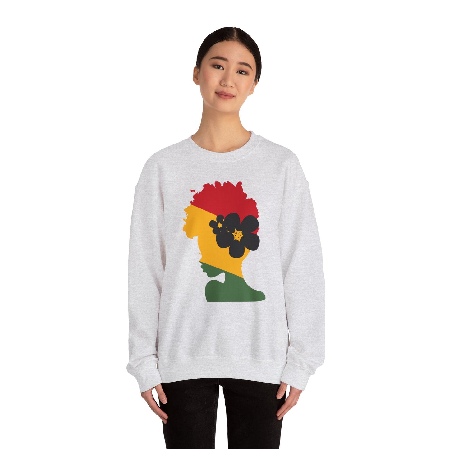 Unisex Heavy Blend™ Crewneck Sweatshirt African American Woman in Black with African Colors of Red Yellow Green