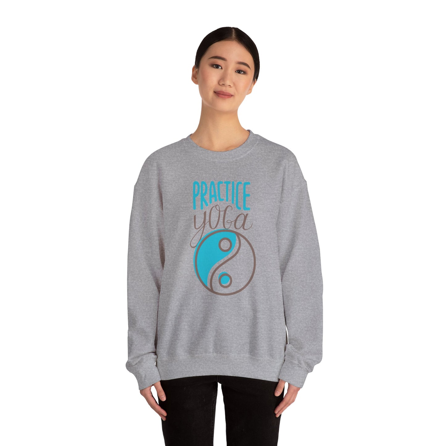 Unisex Heavy Blend™ Crewneck Sweatshirt ADULT/TEEN PRACTICE YOGA LIGHT BROWN YING-YANG IMAGE LIGHT BROWN TEAL-BLUE