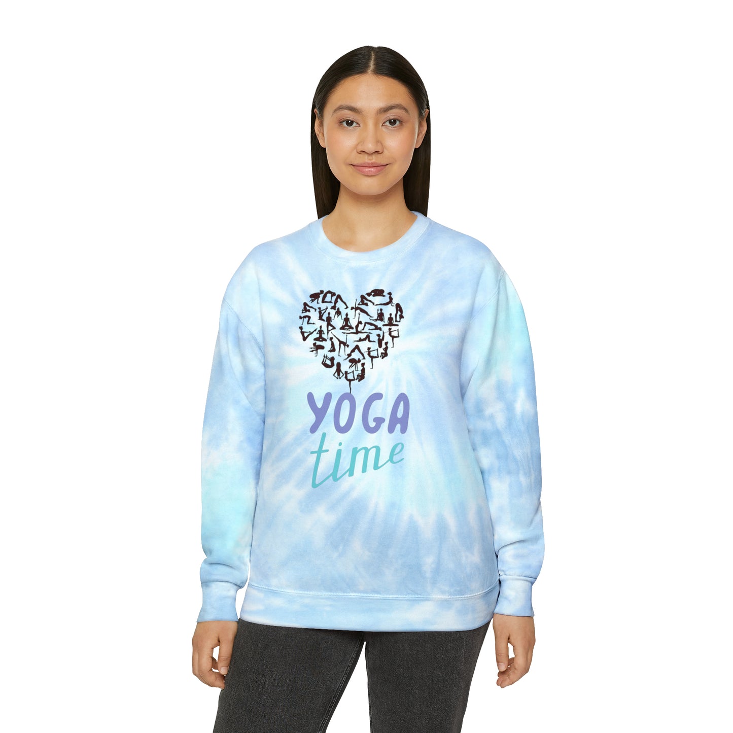 Unisex Tie-Dye Sweatshirt ADULT/TEEN ACTIVEWEAR YOGA TIME BLUE PURPLE WRITING HEART BLACK WITH BLACK HUMANS DOING YOGA POSES