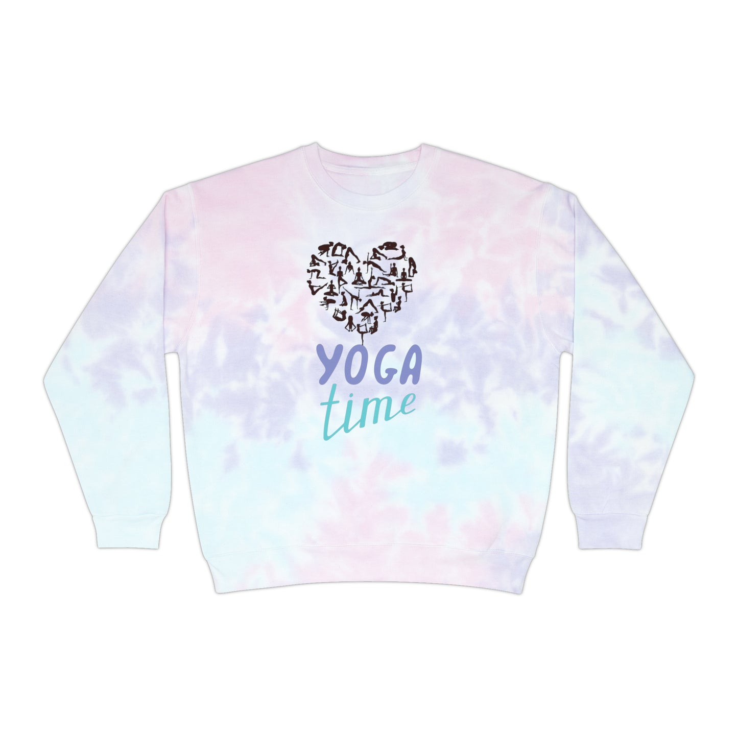 Unisex Tie-Dye Sweatshirt ADULT/TEEN ACTIVEWEAR YOGA TIME BLUE PURPLE WRITING HEART BLACK WITH BLACK HUMANS DOING YOGA POSES