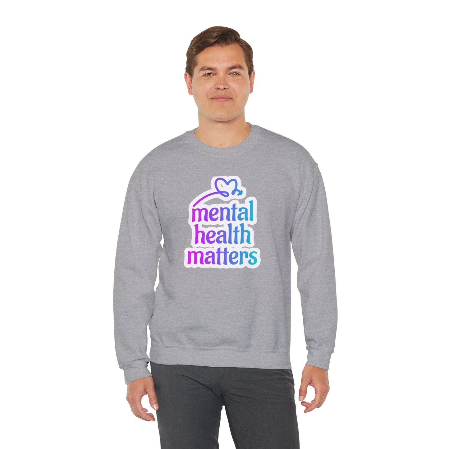 Unisex Heavy Blend™ Crewneck Sweatshirt Adult/Teen Activewear Mental Health Matters Colors Purple Teal-Blue White with Purple Teal-Blue Heart