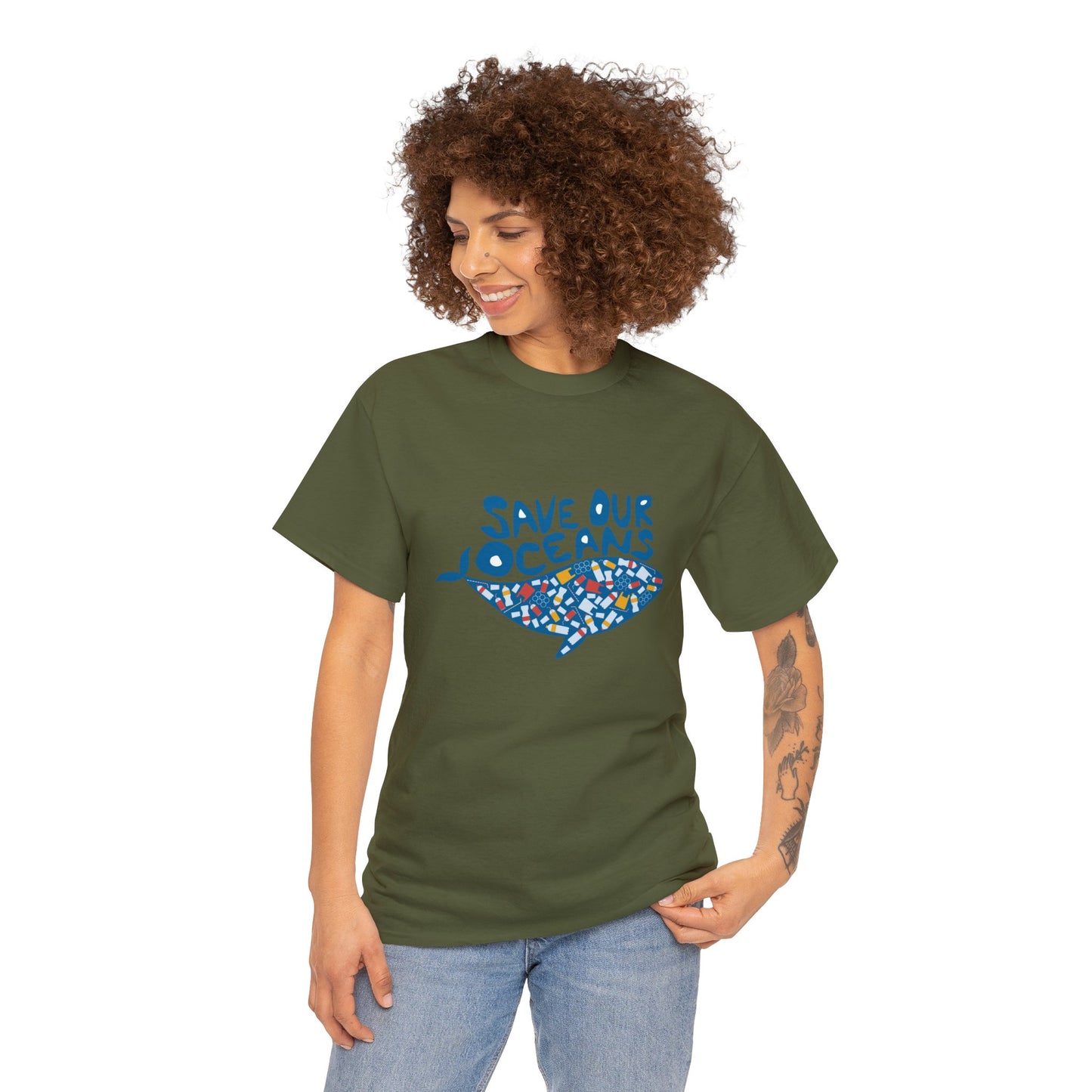 Unisex Heavy Cotton Tee Adult/Teen Activewear Shirt Comes In Many Colors Save Our Oceans Whale in Blue