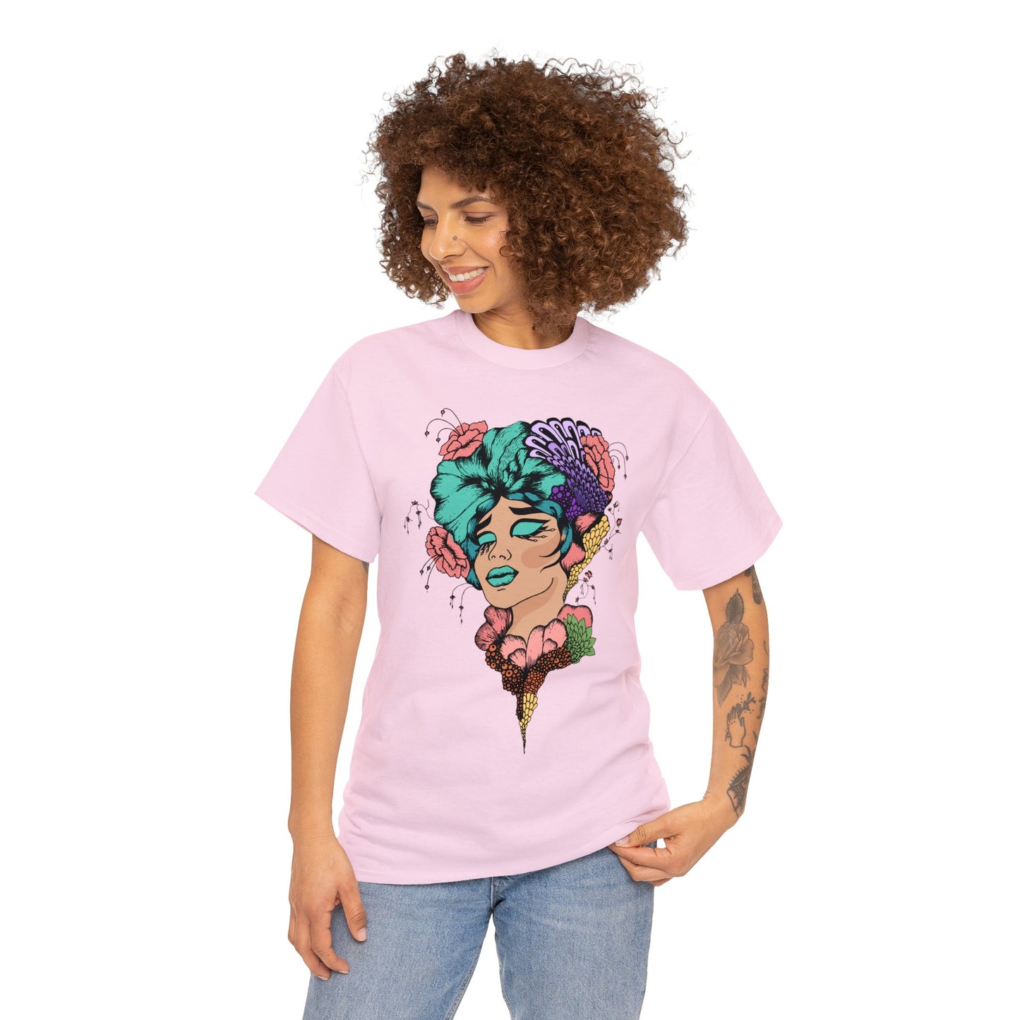 Unisex Heavy Cotton Tee Adult/Teen Activewear Woman Peach With Blue Purple Shirt Comes In Many Colors