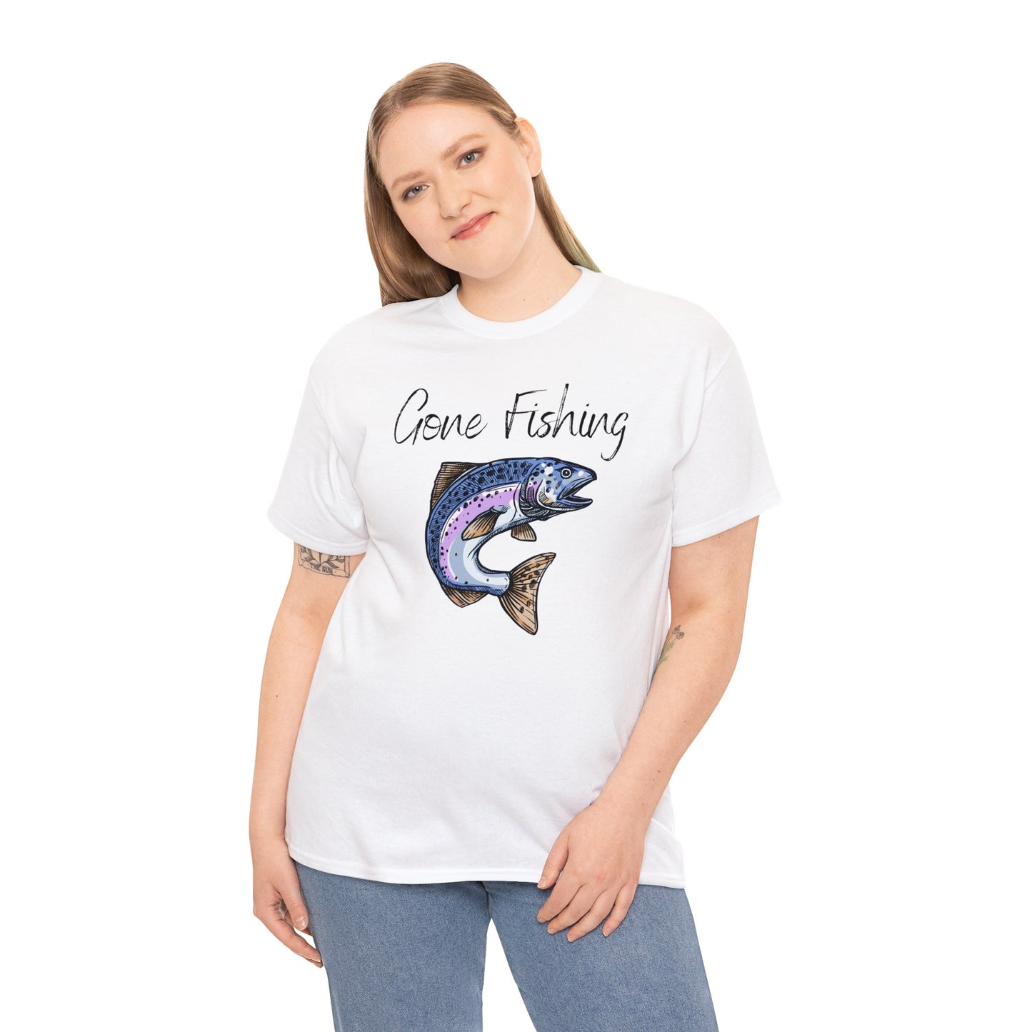 Unisex Heavy Cotton Tee Adult/Teen Activewear Gone Fishing W/ Image of Bass Fish T-shirt Comes in Many Colors