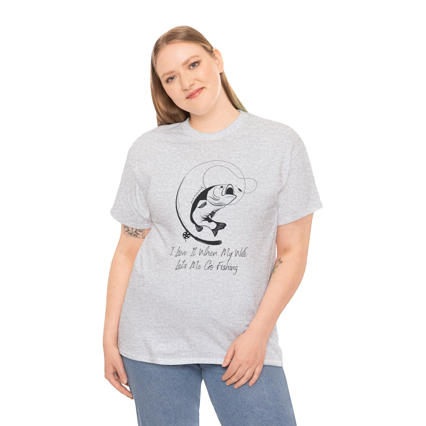 Unisex Heavy Cotton Tee Adult/Teen Activewear I Love It When My Wife Lets Me Go Fishing in Black T-shirt Comes In Many Colors