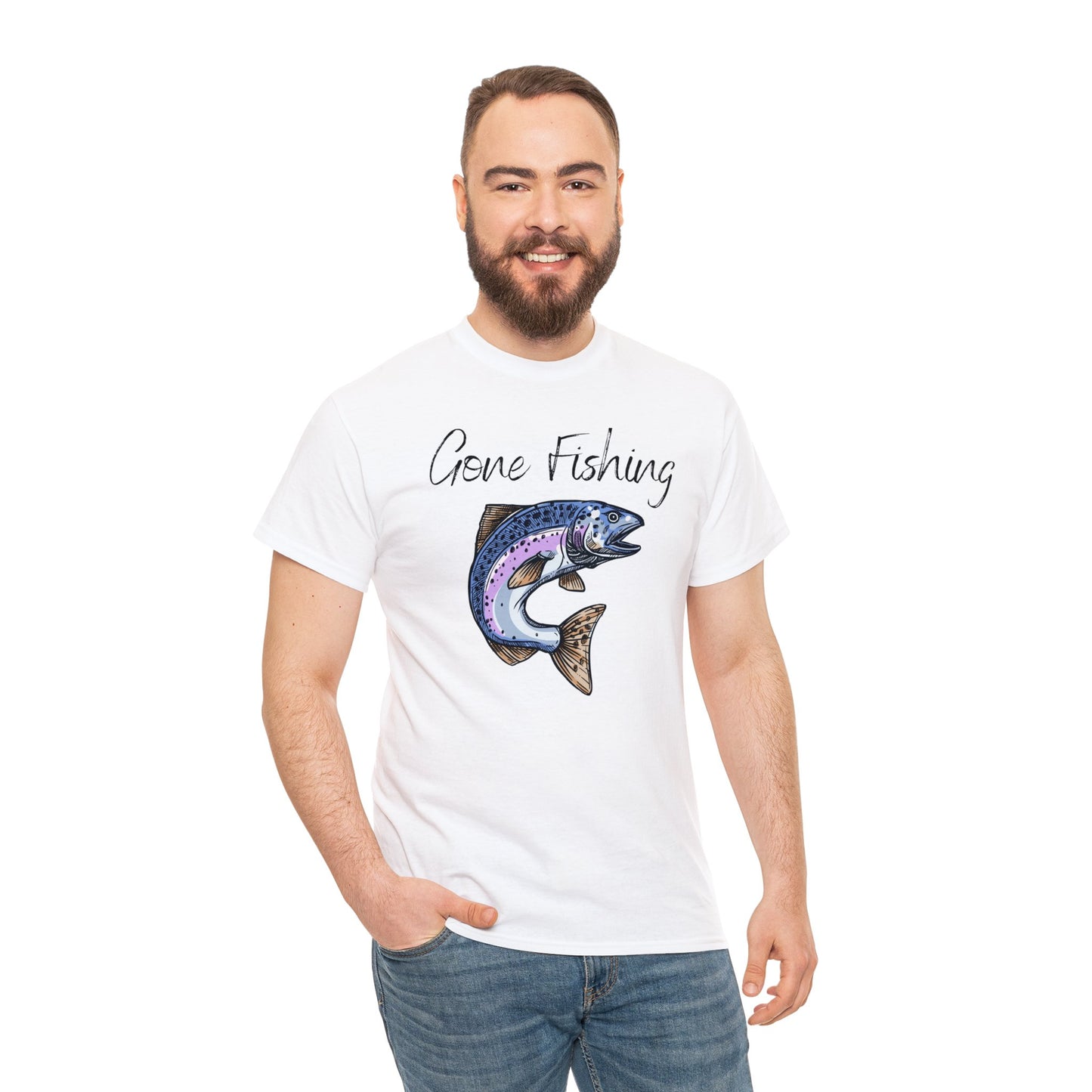 Unisex Heavy Cotton Tee Adult/Teen Activewear Gone Fishing W/ Image of Bass Fish T-shirt Comes in Many Colors