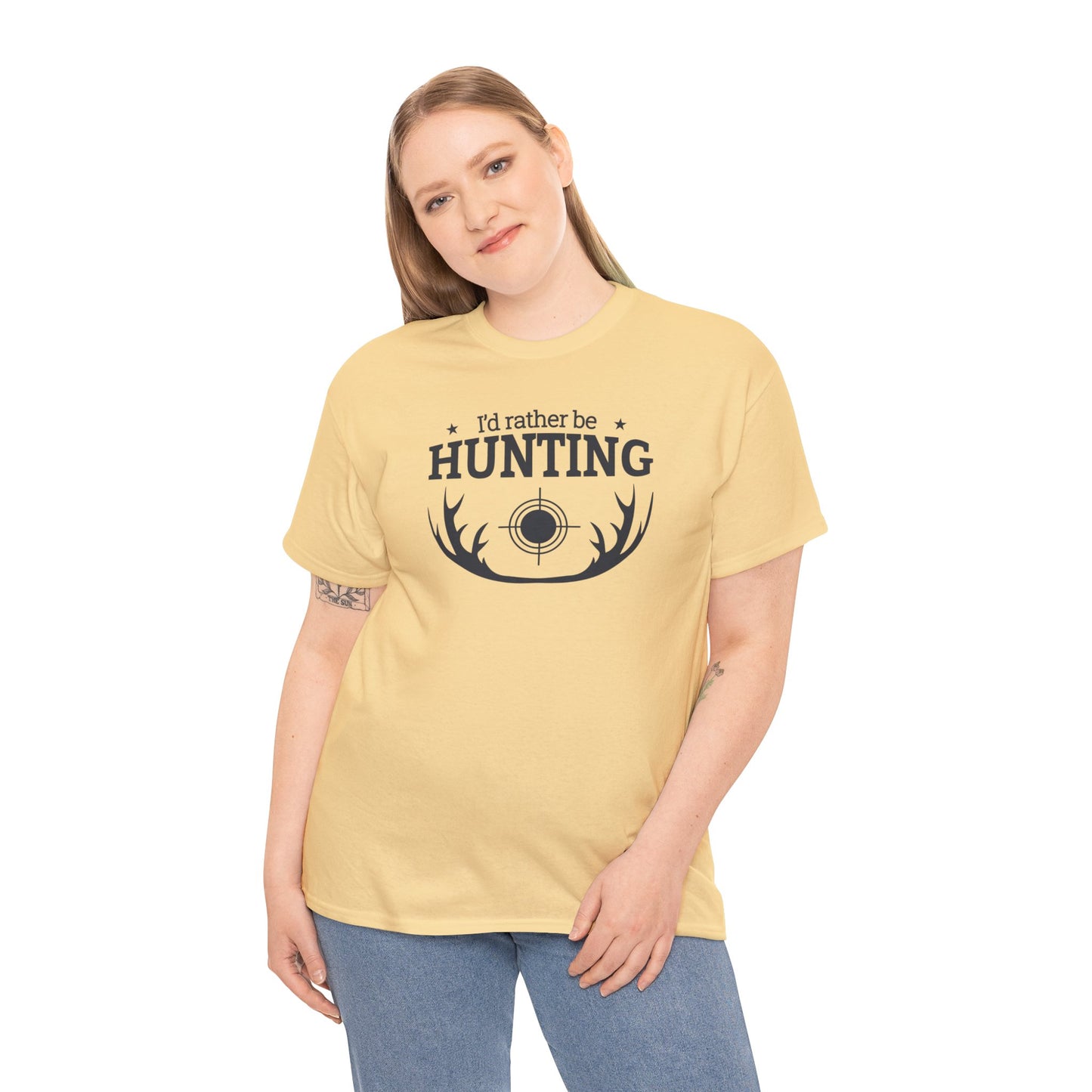 Unisex Heavy Cotton Tee Adult/Teen Activewear I'd Rather Be Hunting W/ Antlers in Black Writing Customizable Pur your Husbands Name on It Call 603-377-1833