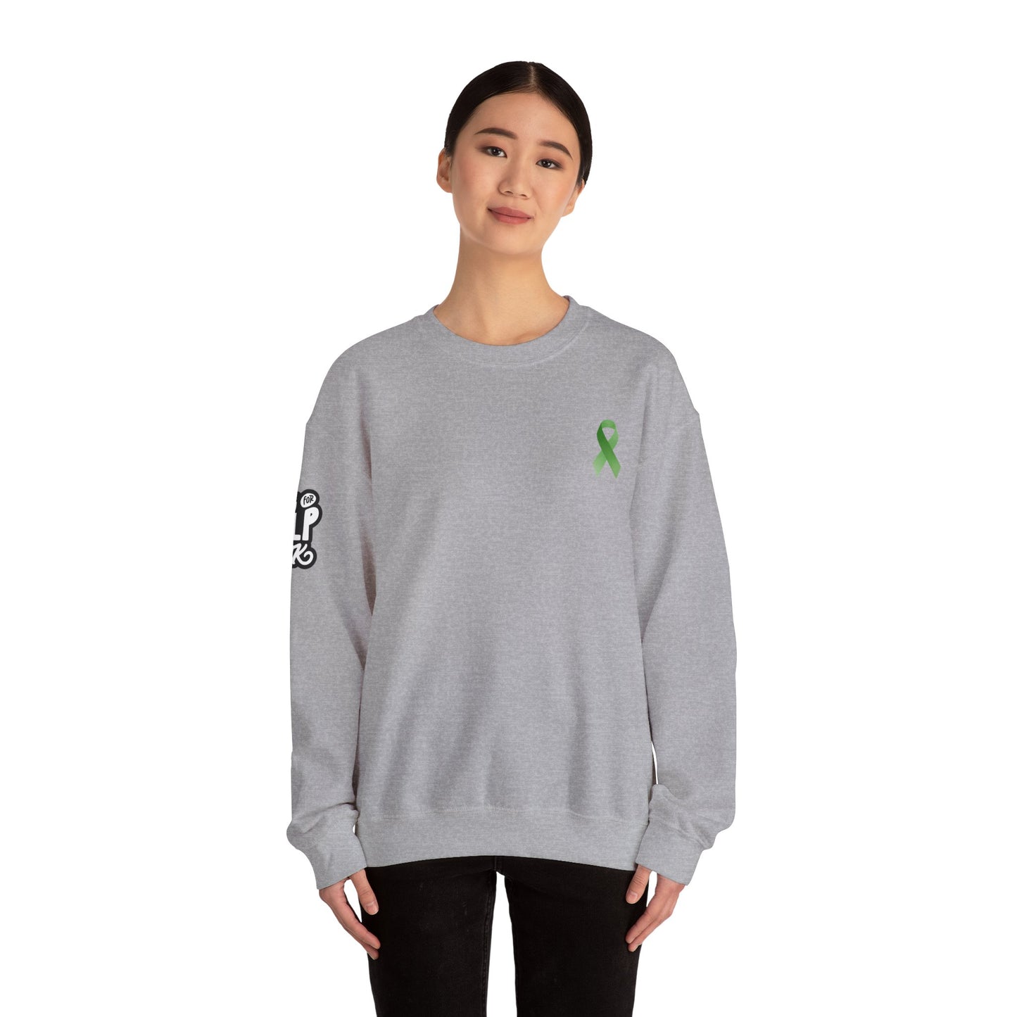 Unisex Heavy Blend™ Crewneck Sweatshirt Adult/Teen Activewear Mental Health Awareness Ribbon on Front Asking for Help Is OK on Right Sleeve