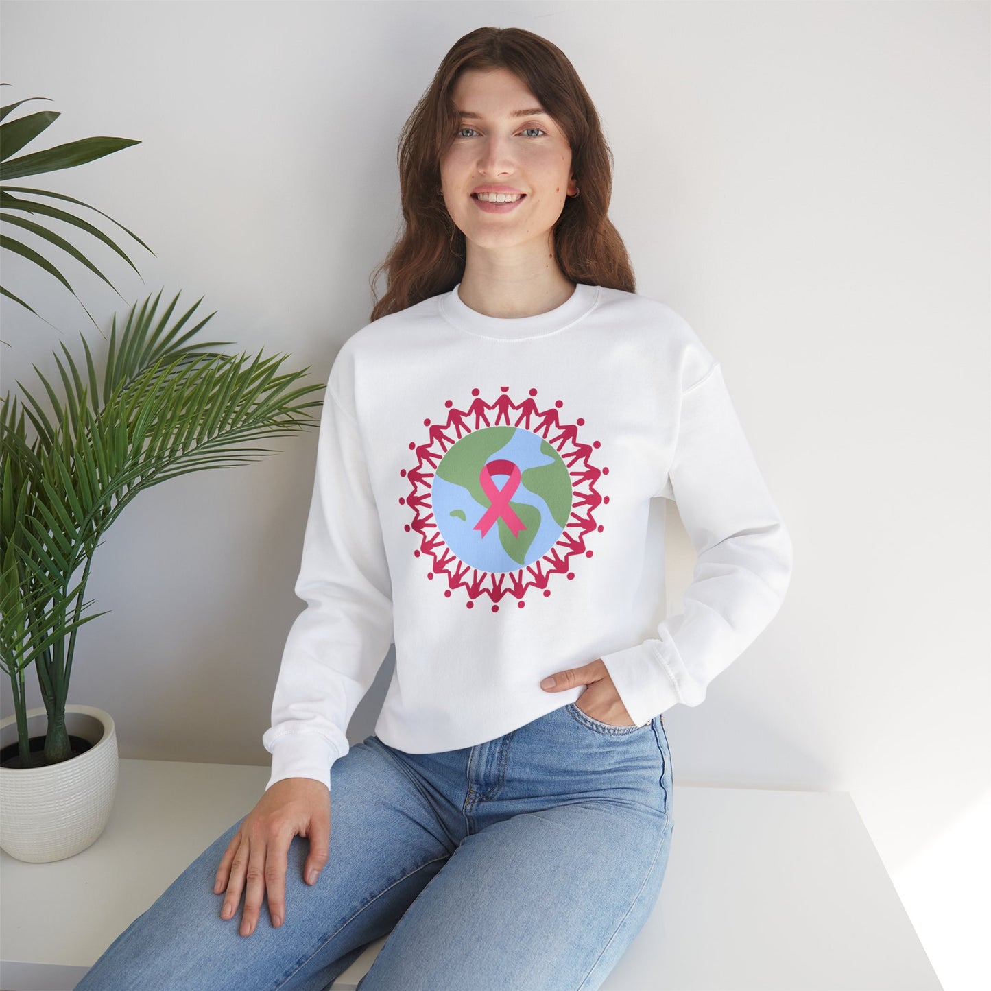 Unisex Heavy Blend™ Crewneck Sweatshirt Adult/Teen Activewear Image of Earth with Pink Stick figures Holding Hands for Breast Cancer Awareness