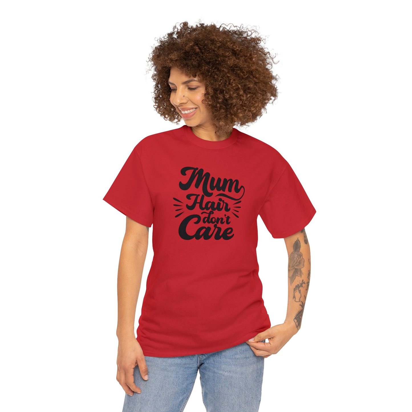 Unisex Heavy Cotton Tee Activewear Mom Hair Don't Care Black Writing