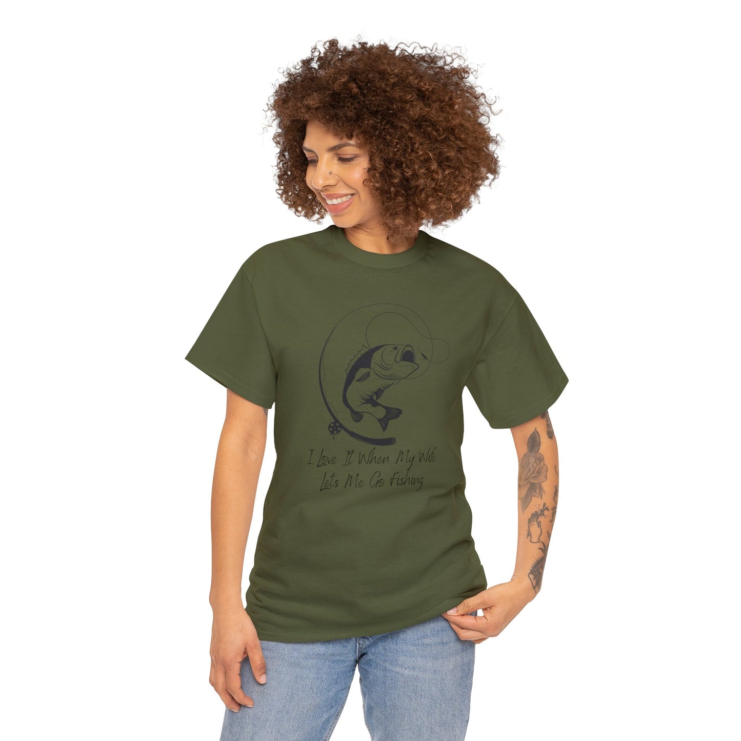 Unisex Heavy Cotton Tee Adult/Teen Activewear I Love It When My Wife Lets Me Go Fishing in Black T-shirt Comes In Many Colors