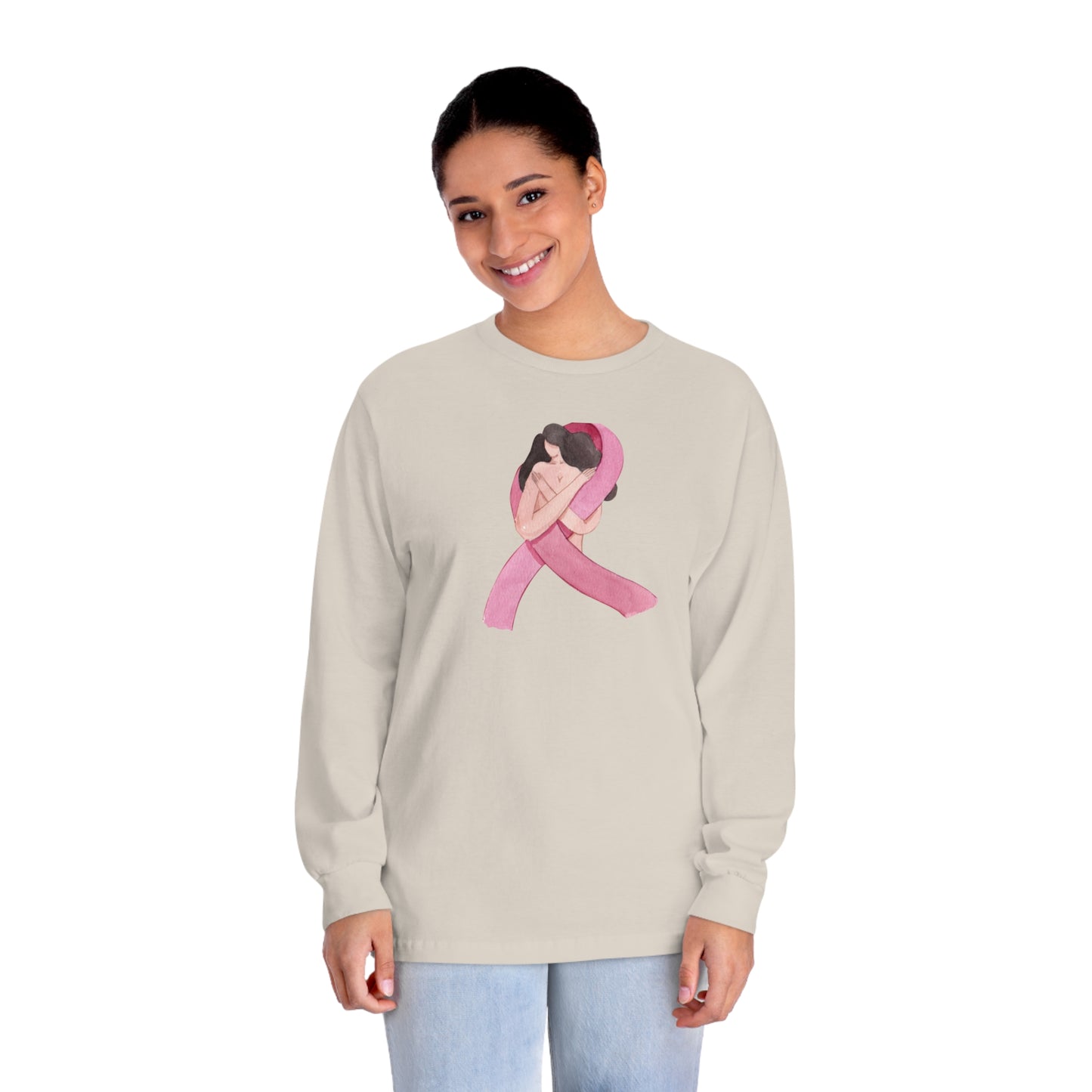 Unisex Classic Long Sleeve T-Shirt Adult Activewear Pink Ribbon with Woman for Breast Cancer Awareness