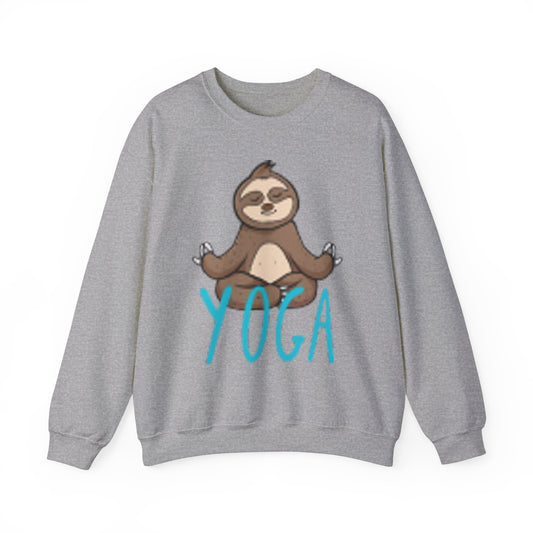 Unisex Heavy Blend™ Crewneck Sweatshirt Adult/TEEN YOGA WITH A SLOTH IN TAN AND TEAL-BLUE WRITING ON FRONT