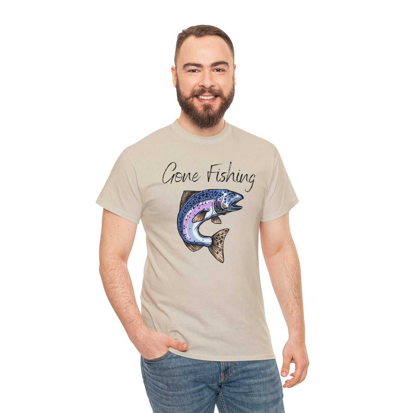 Unisex Heavy Cotton Tee Adult/Teen Activewear Gone Fishing W/ Image of Bass Fish T-shirt Comes in Many Colors