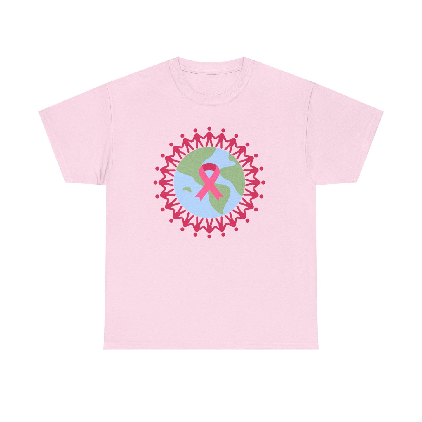 Unisex Heavy Cotton Tee Adult/Teen Activewear Earth with Pink Stick Figures Around thE World for Cancer Awareness