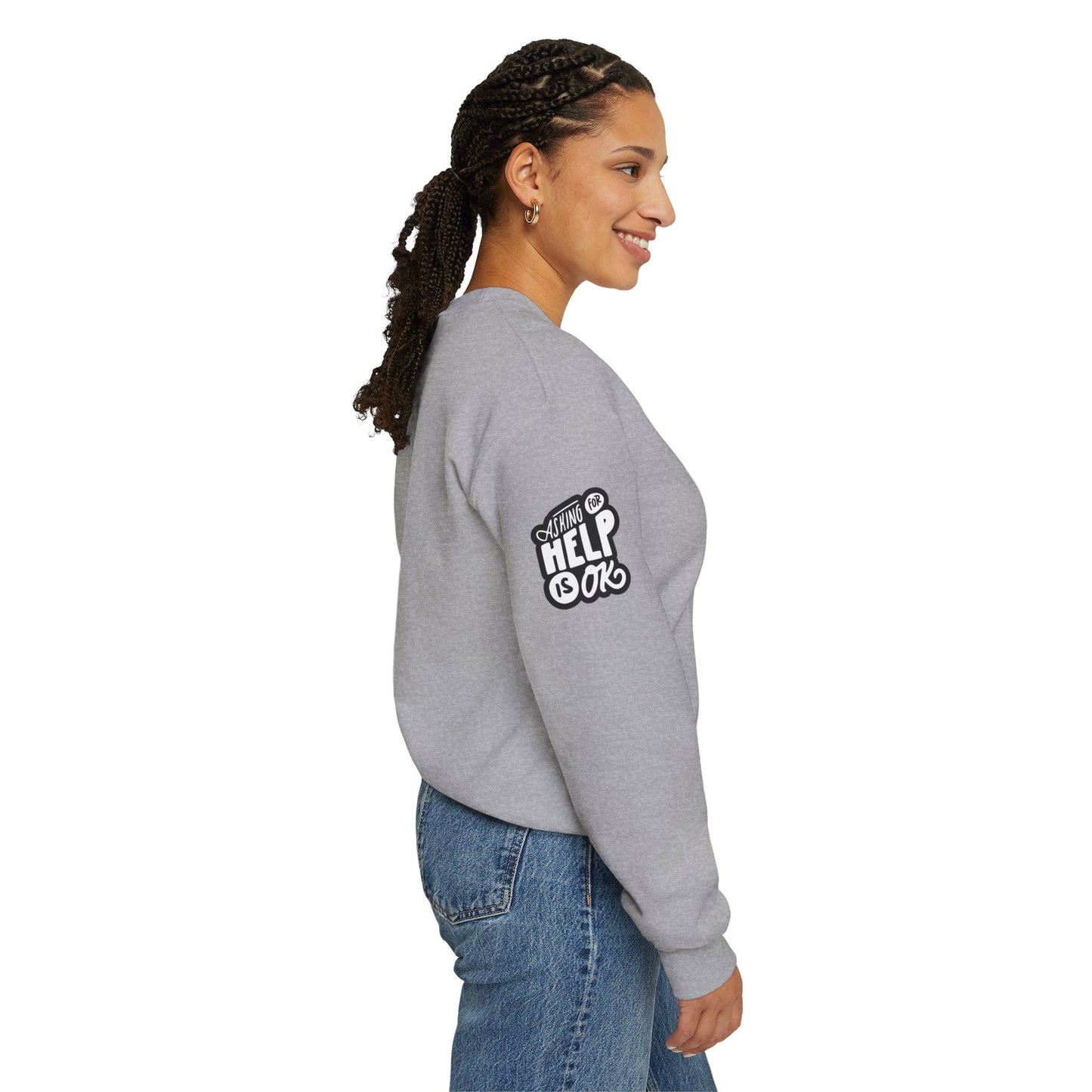 Unisex Heavy Blend™ Crewneck Sweatshirt Adult/Teen Activewear Mental Health Awareness Ribbon on Front Asking for Help Is OK on Right Sleeve