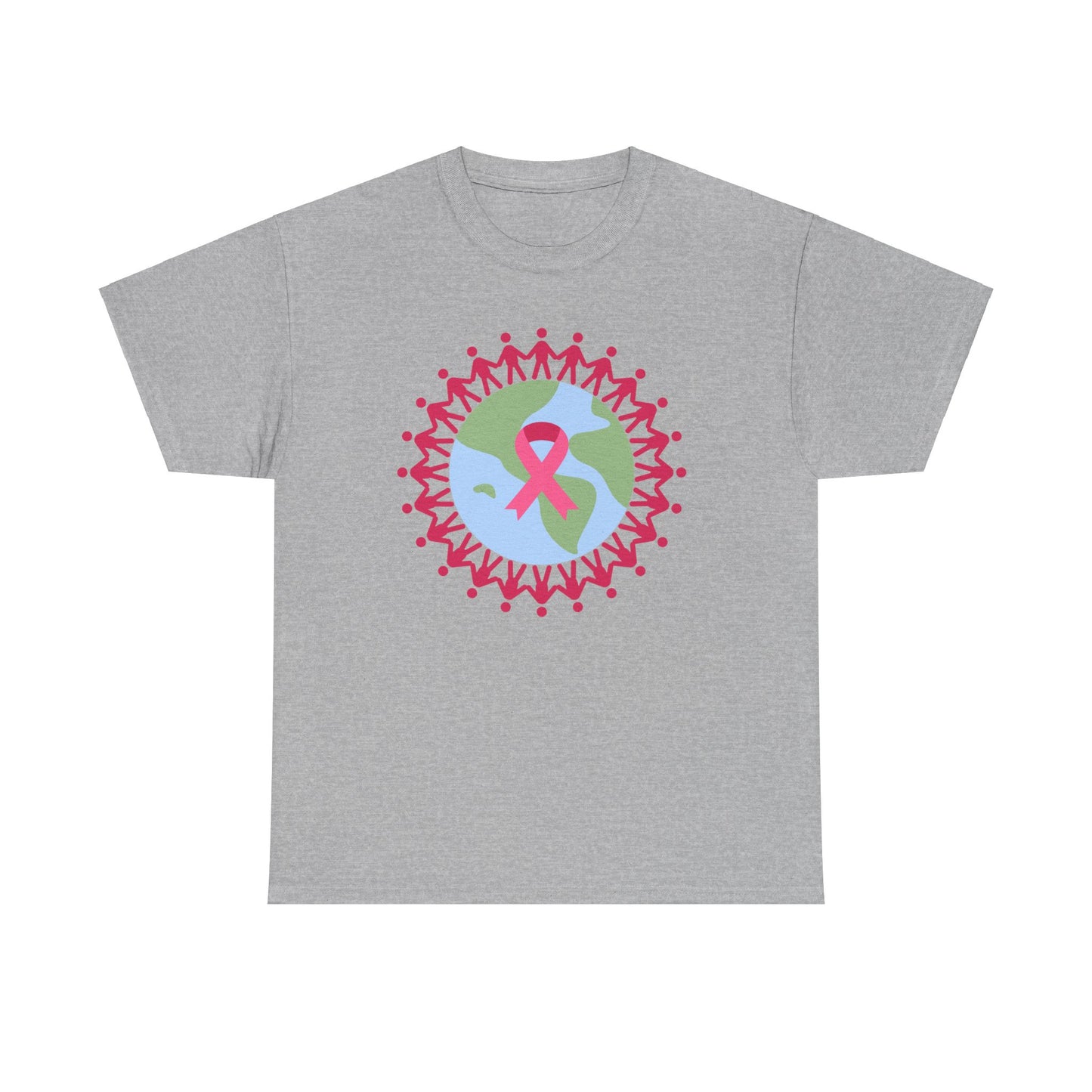 Unisex Heavy Cotton Tee Adult/Teen Activewear Earth with Pink Stick Figures Around thE World for Cancer Awareness