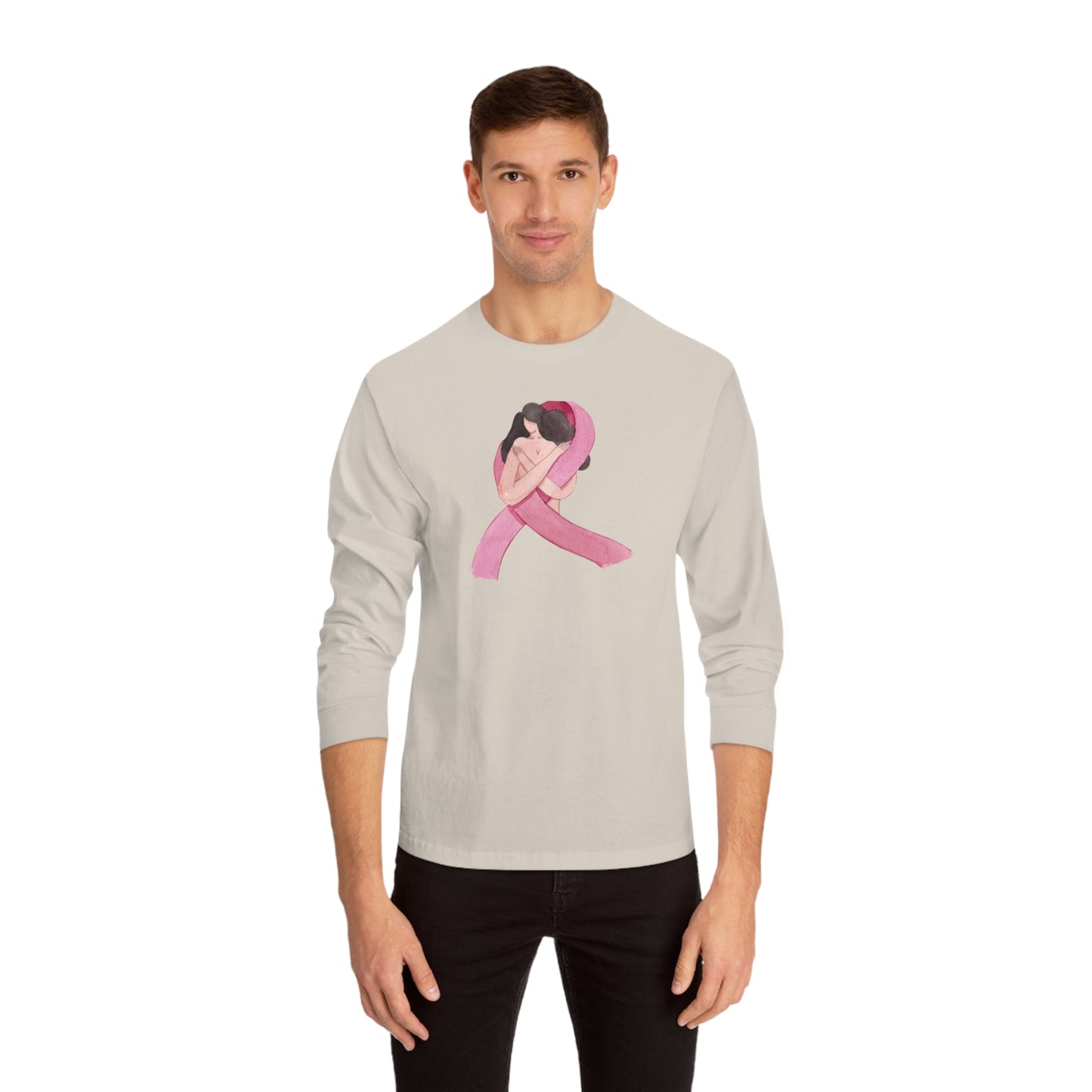 Unisex Classic Long Sleeve T-Shirt Adult Activewear Pink Ribbon with Woman for Breast Cancer Awareness