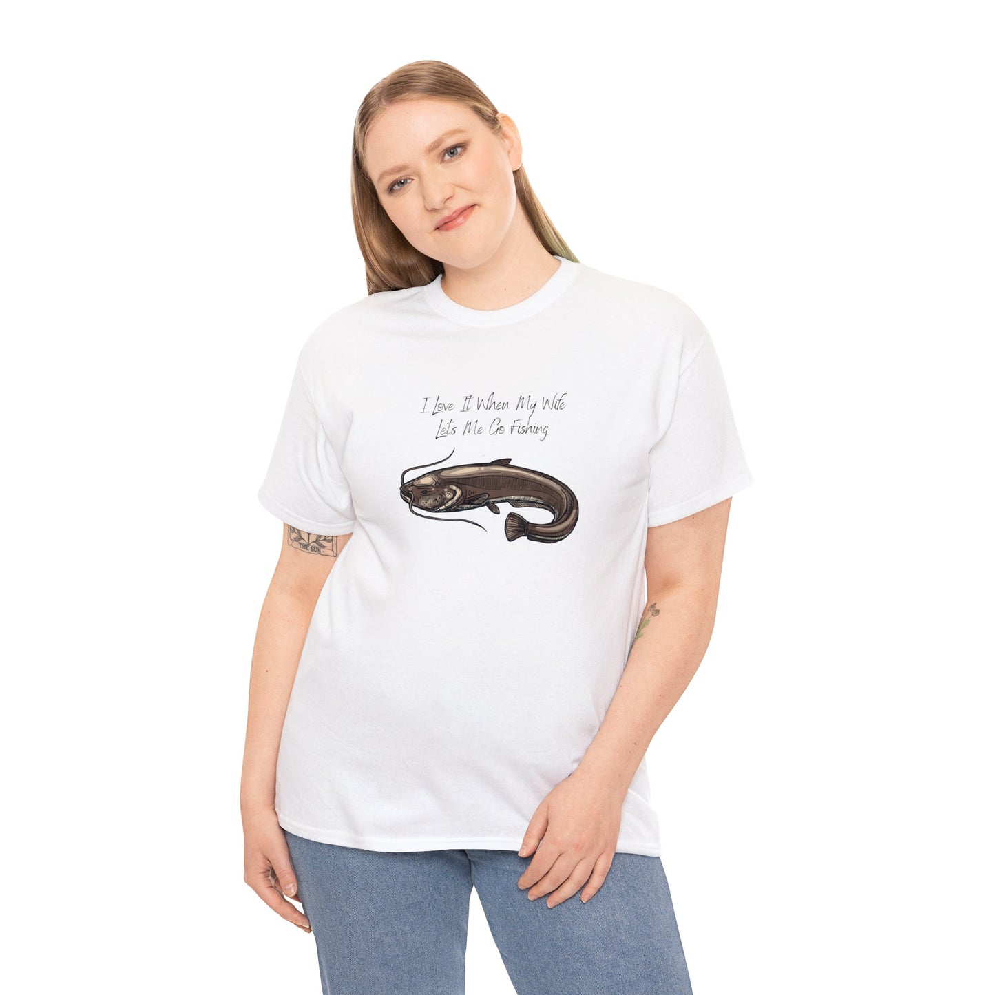 Unisex Heavy Cotton Tee Adult/Teen Activewear I Love It When My Wife Lets Me Go Fishing in Black with a Picture of a Catfish T-shirt is Available in Many Colors