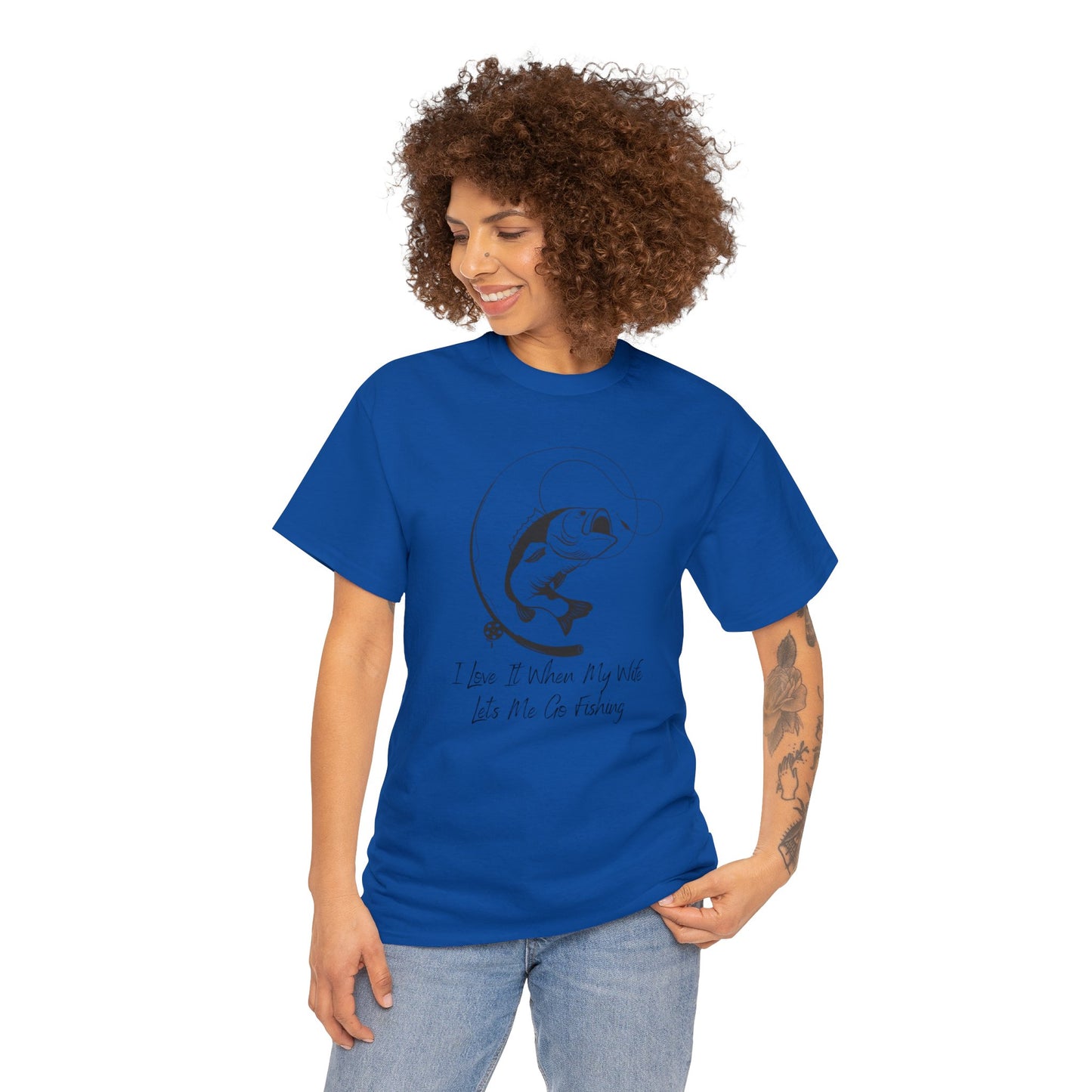 Unisex Heavy Cotton Tee Adult/Teen Activewear I Love It When My Wife Lets Me Go Fishing in Black T-shirt Comes In Many Colors