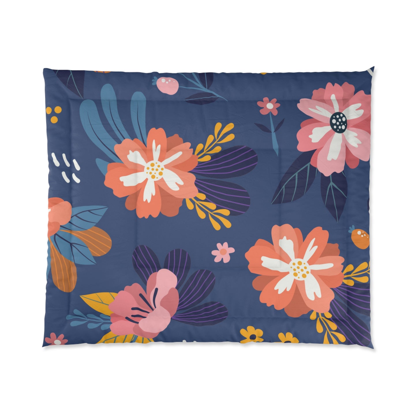 Comforter Adult/Teen/Kids Bedroom Blanket Blue With Orange Flower Pattern