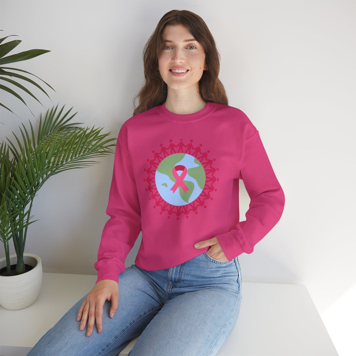 Unisex Heavy Blend™ Crewneck Sweatshirt Adult/Teen Activewear Image of Earth with Pink Stick figures Holding Hands for Breast Cancer Awareness