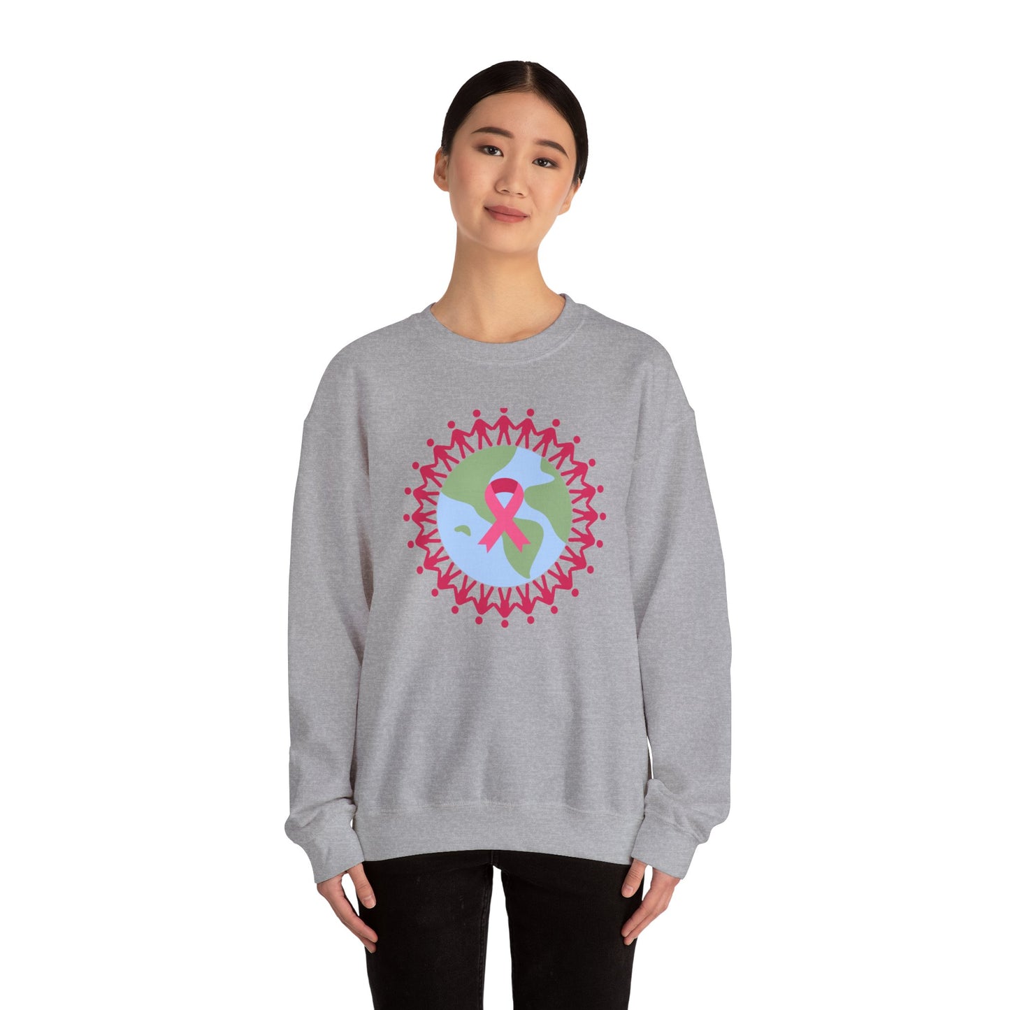 Unisex Heavy Blend™ Crewneck Sweatshirt Adult/Teen Activewear Image of Earth with Pink Stick figures Holding Hands for Breast Cancer Awareness