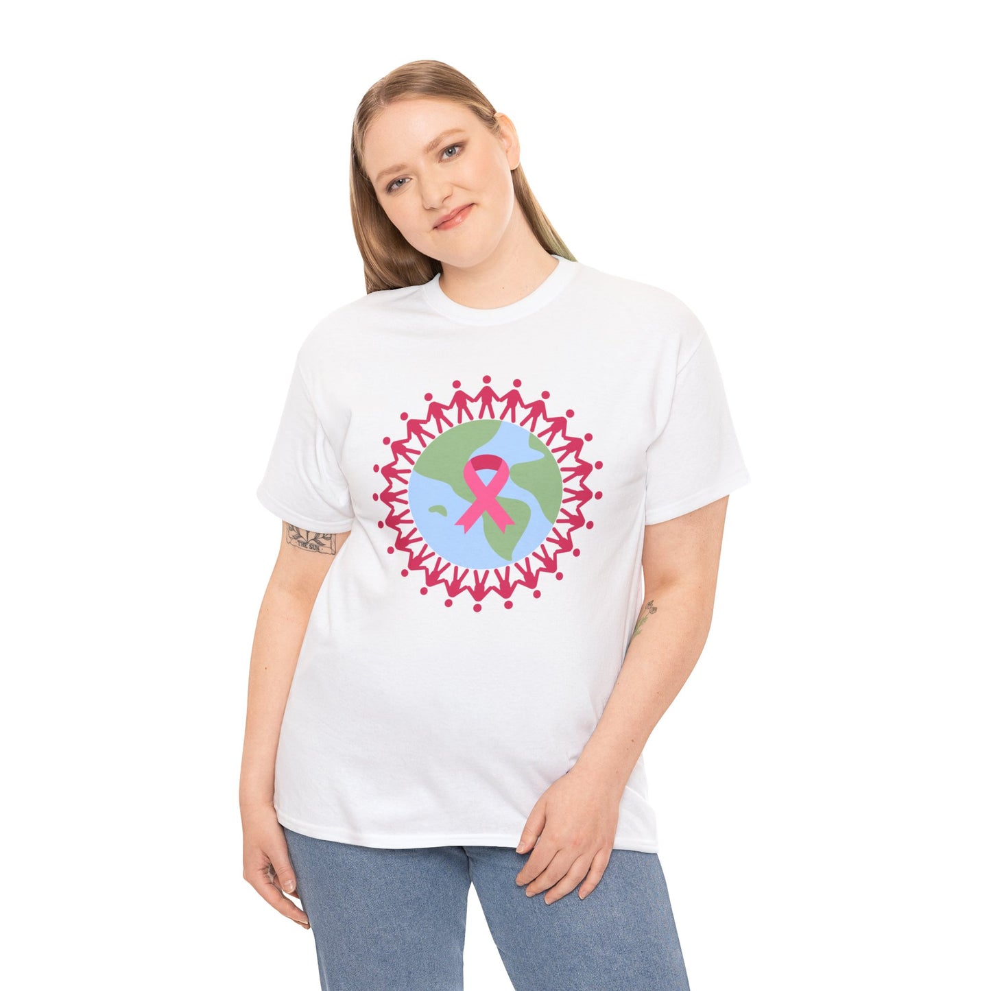 Unisex Heavy Cotton Tee Adult/Teen Activewear Earth with Pink Stick Figures Around thE World for Cancer Awareness