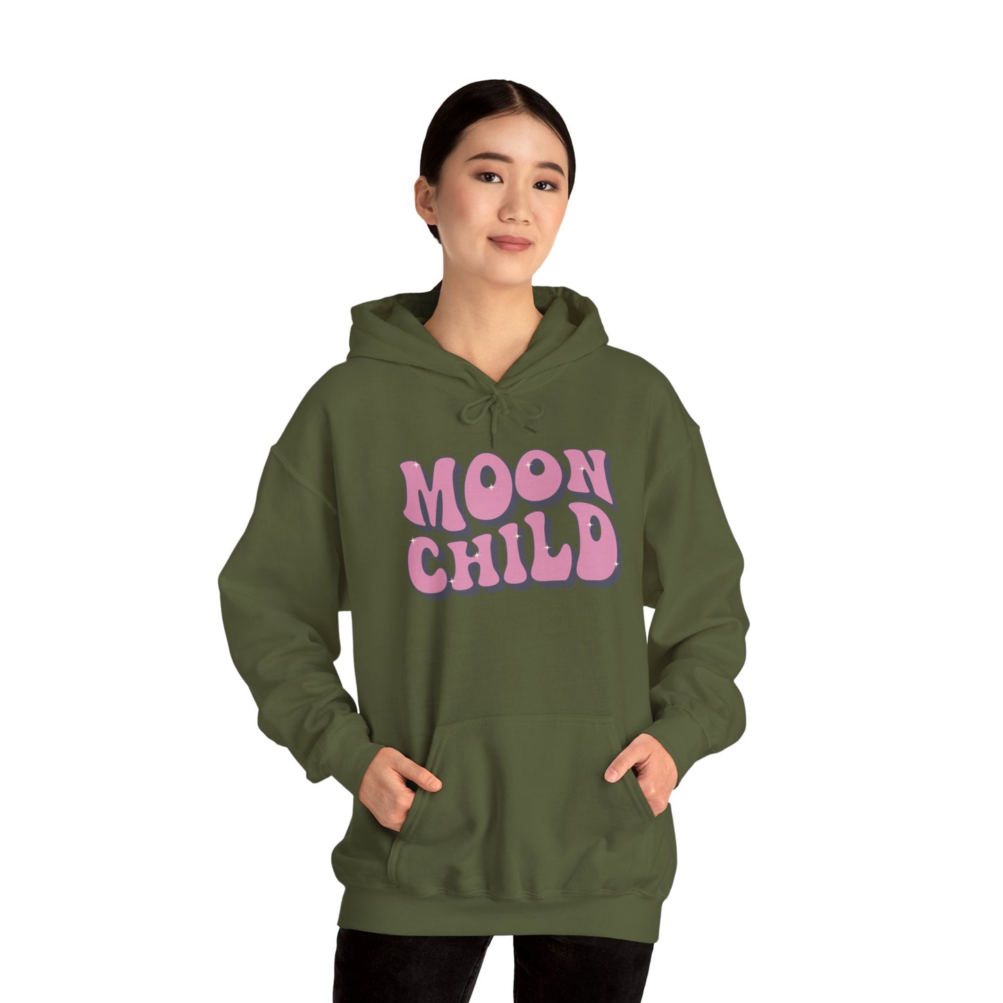 Unisex Heavy Blend™ Hooded Sweatshirt Adult/Teen Activewear Moon Child in Pink Writing Positive Vibes