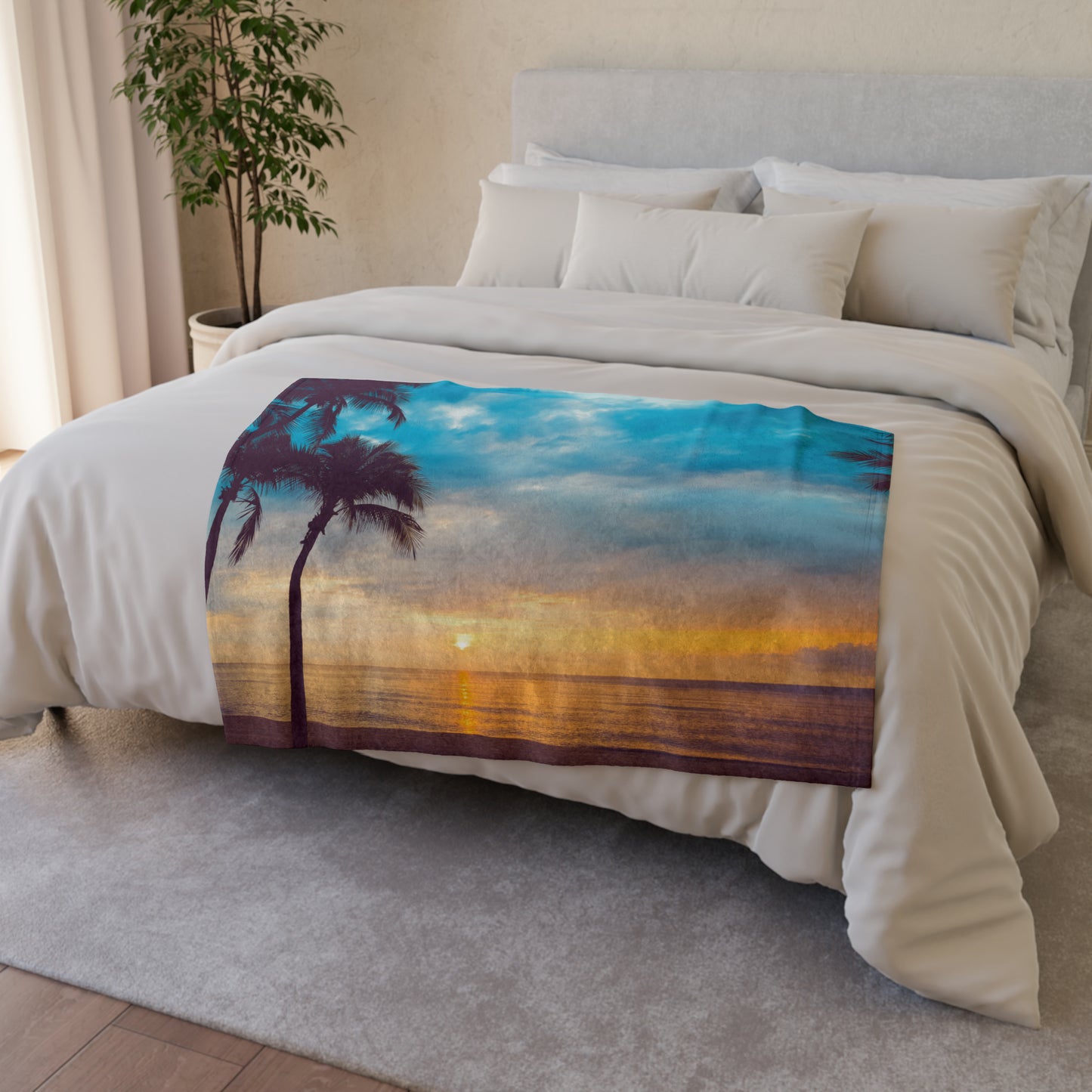 Soft Polyester Blanket Adult/Teen Sunset With Palm Trees Customizable Call 603-377-1833