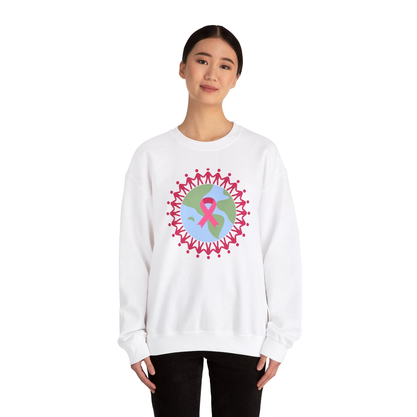 Unisex Heavy Blend™ Crewneck Sweatshirt Adult/Teen Activewear Image of Earth with Pink Stick figures Holding Hands for Breast Cancer Awareness