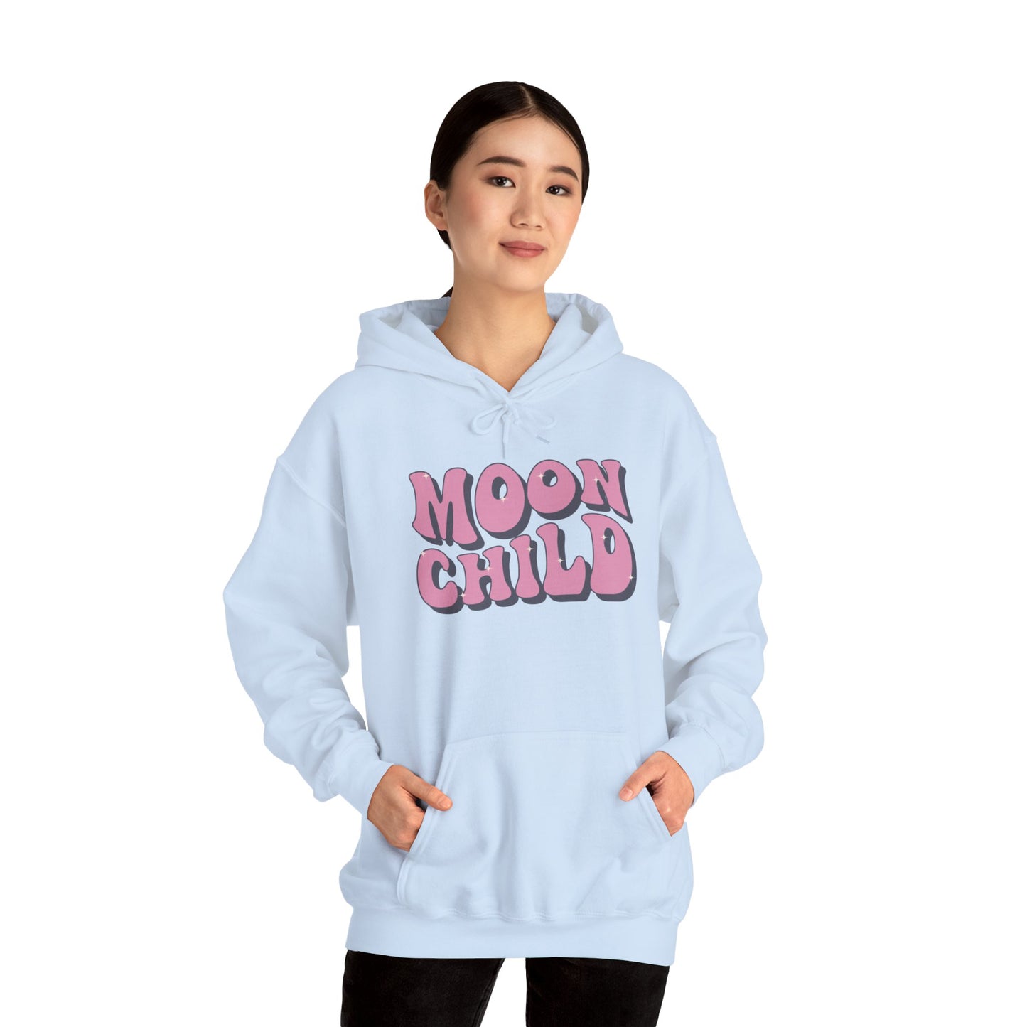 Unisex Heavy Blend™ Hooded Sweatshirt Adult/Teen Activewear Moon Child in Pink Writing Positive Vibes