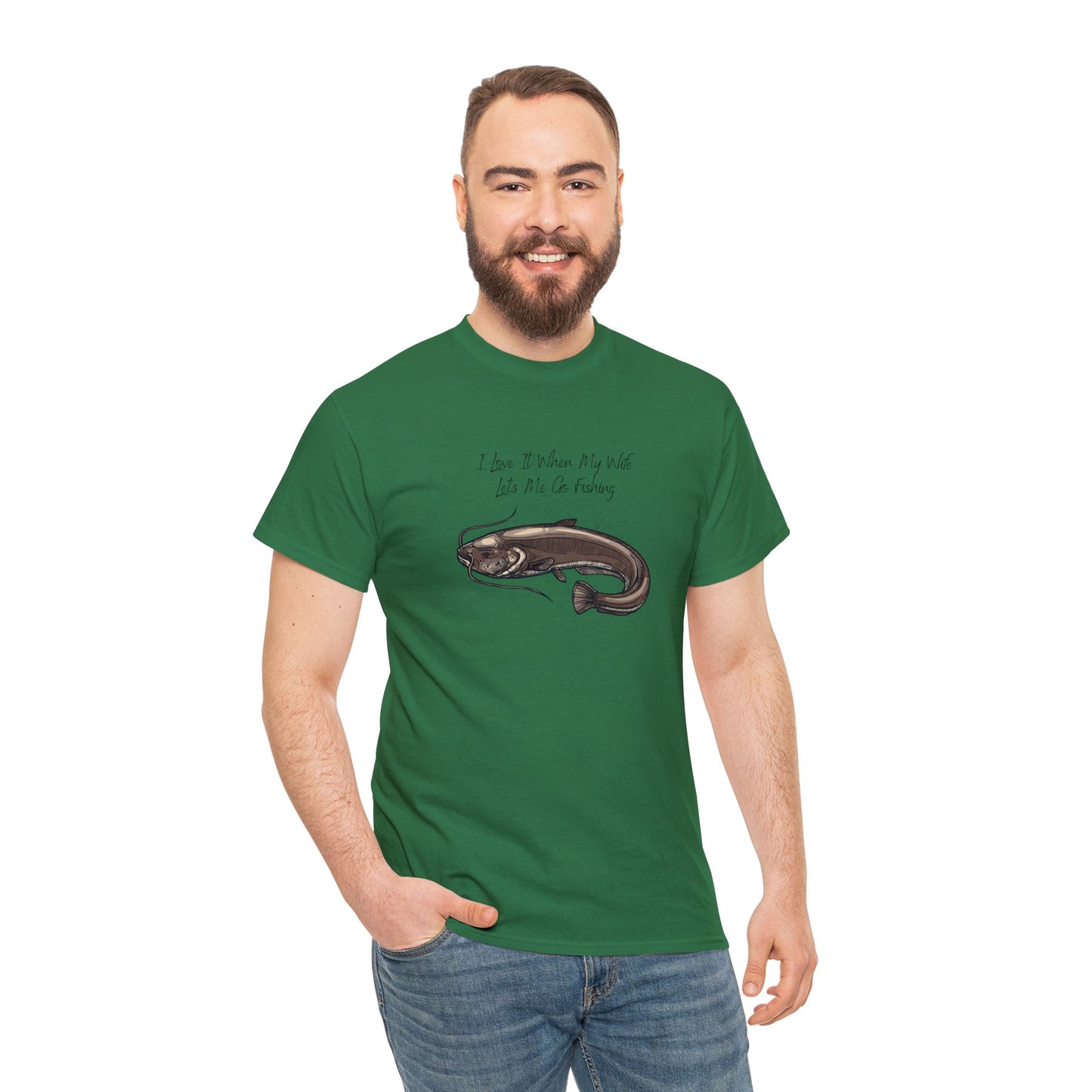 Unisex Heavy Cotton Tee Adult/Teen Activewear I Love It When My Wife Lets Me Go Fishing in Black with a Picture of a Catfish T-shirt is Available in Many Colors