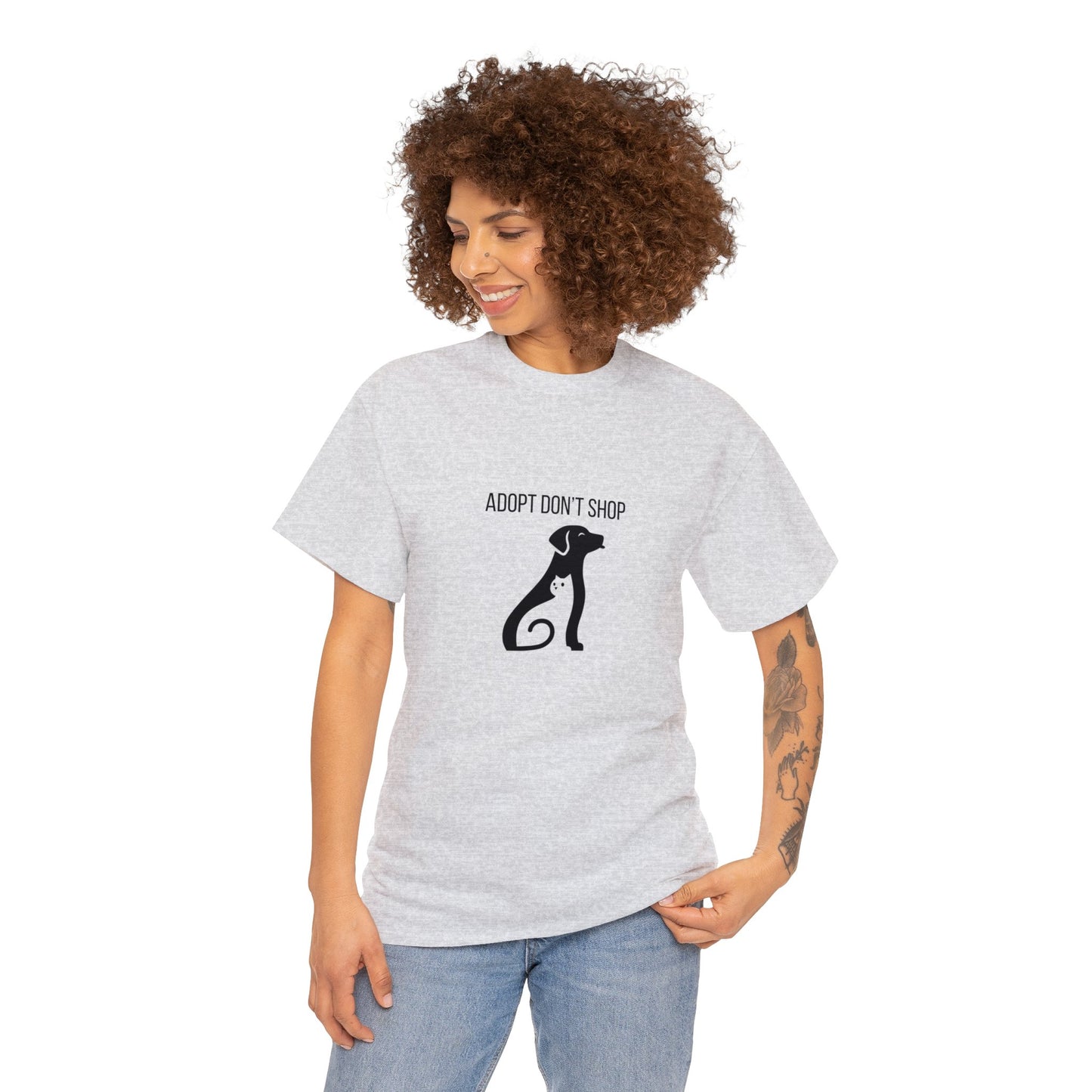 Unisex Heavy Cotton Tee Adult/Teen Activewear Adopt Don't Shop With A Image of Dog And Cat Shirt Comes In Many Colors