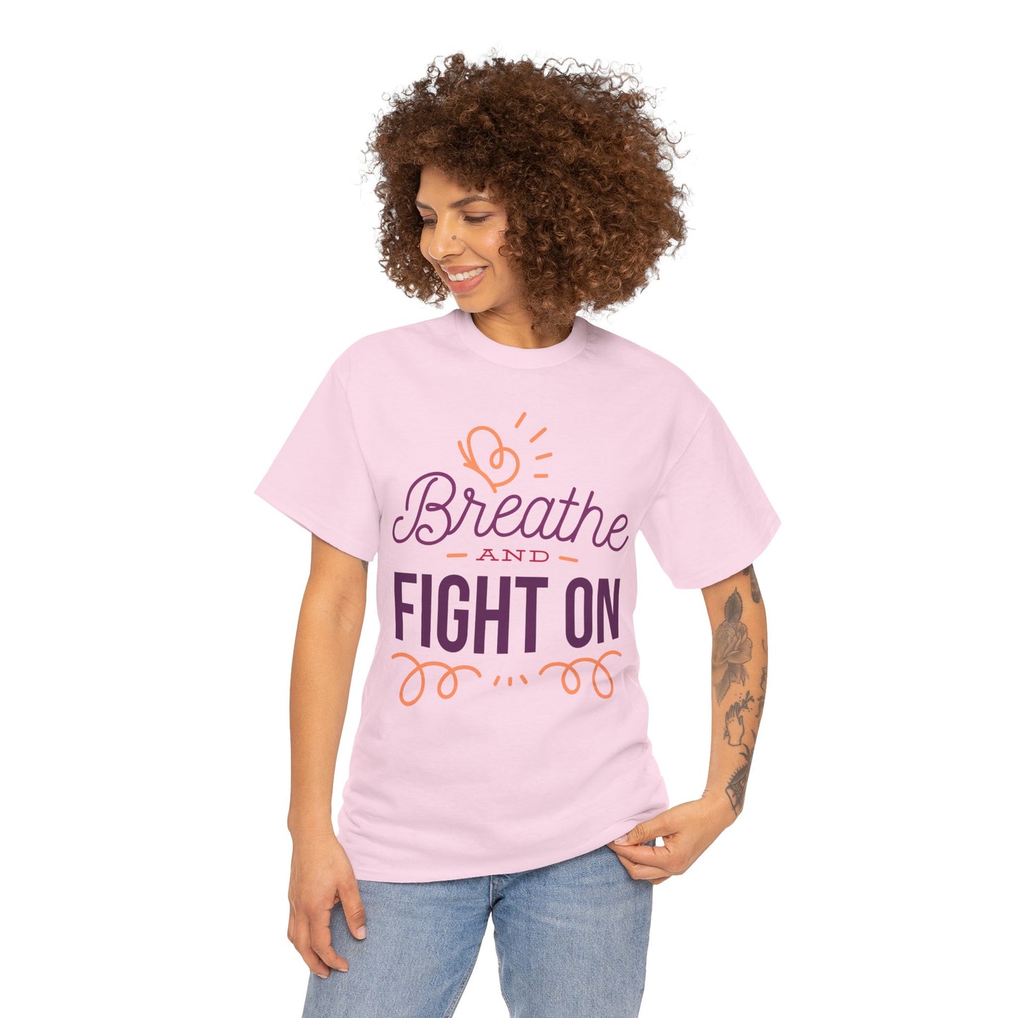 Unisex Heavy Cotton Tee Adult/Teen Activewear Breathe and Live On Colors Peach and Purple Writing