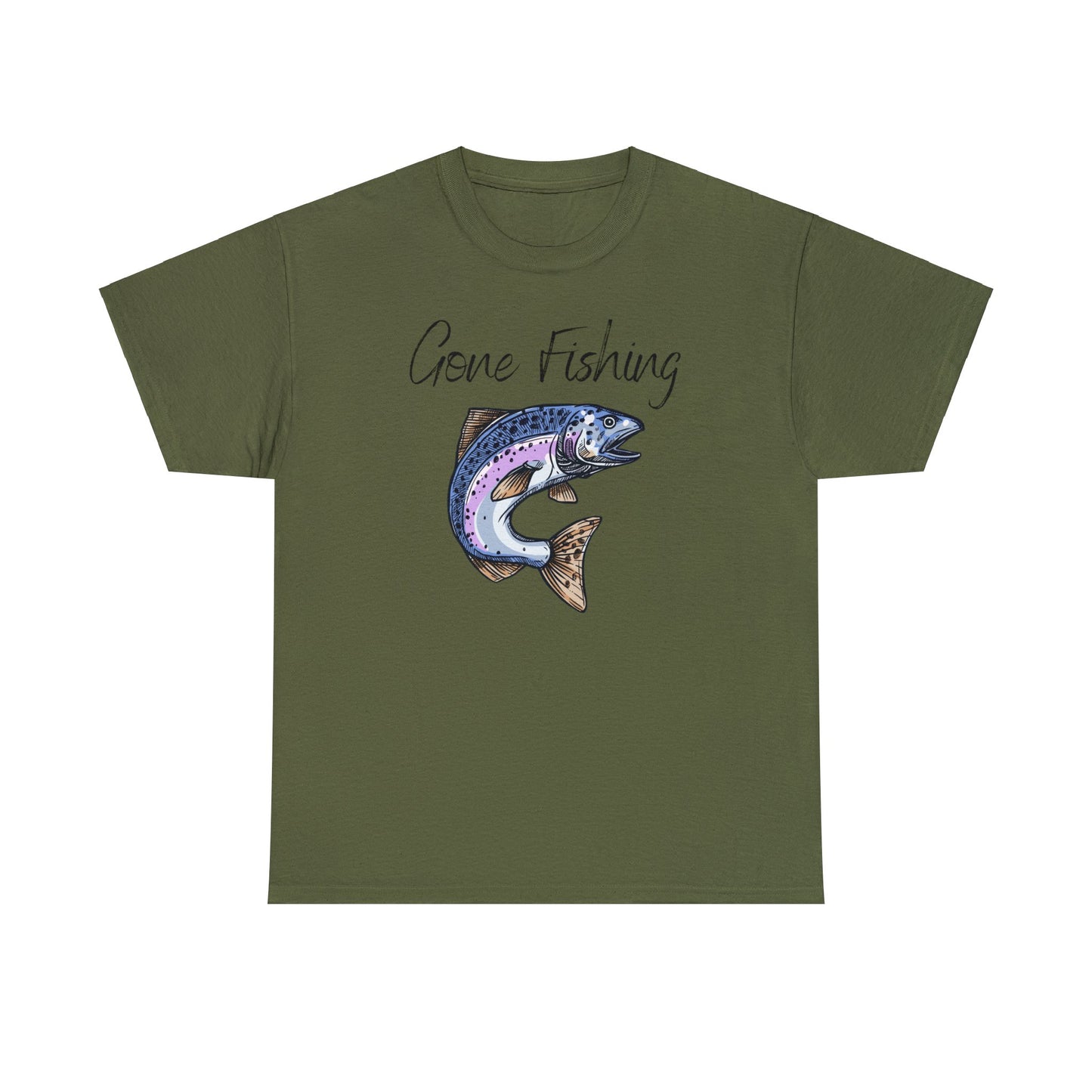 Unisex Heavy Cotton Tee Adult/Teen Activewear Gone Fishing W/ Image of Bass Fish T-shirt Comes in Many Colors