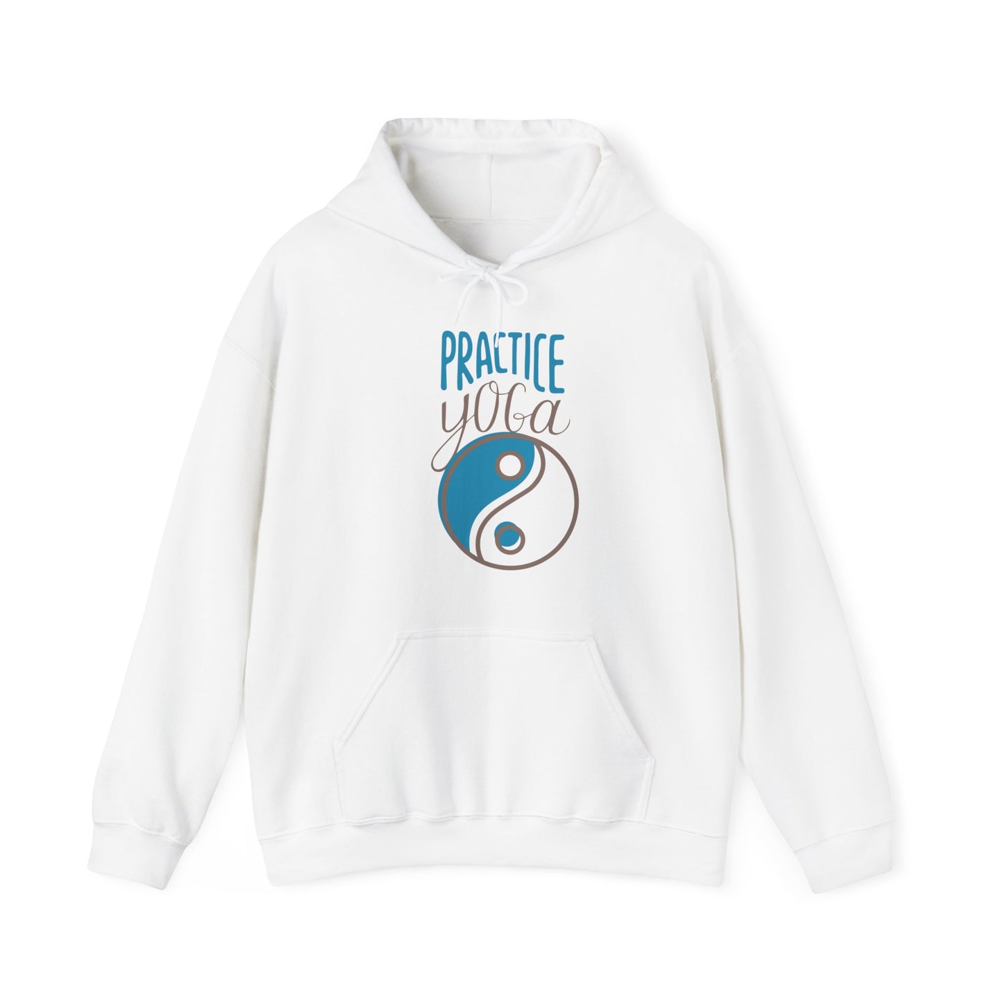 Unisex Heavy Blend™ Hooded Sweatshirt ADULT ACTIVEWEAR PRACTICE YOGA IN TEAL-BLUE AND BROWN WRITING W/ YING-YANG IMAGE