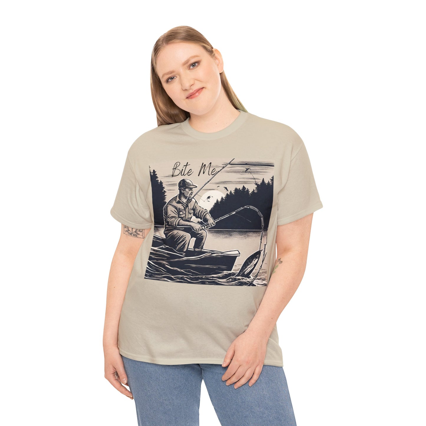 Unisex Heavy Cotton Tee Adult/Teen Activewear Bite Me with A Man Fishing Black Outline Shirt Comes in Many colors