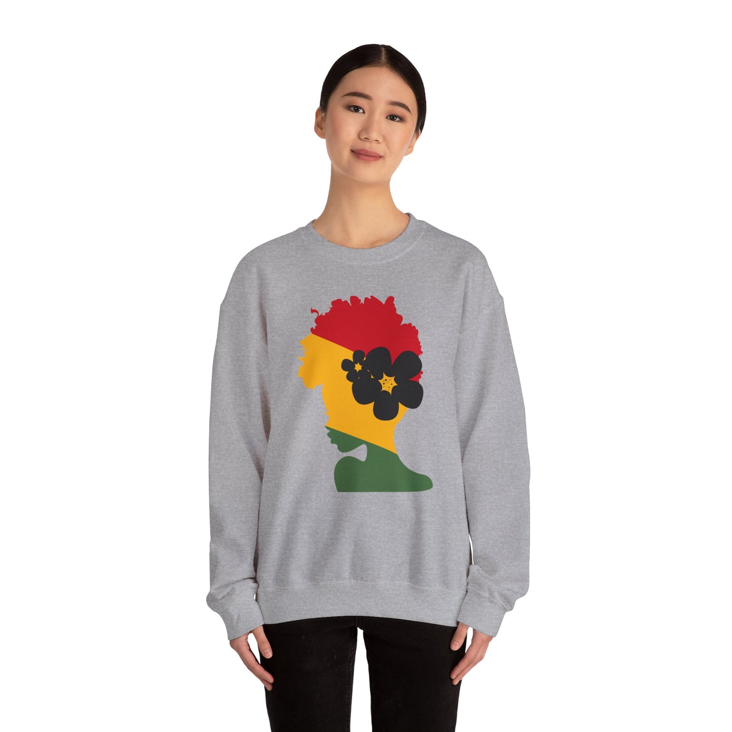 Unisex Heavy Blend™ Crewneck Sweatshirt African American Woman in Black with African Colors of Red Yellow Green