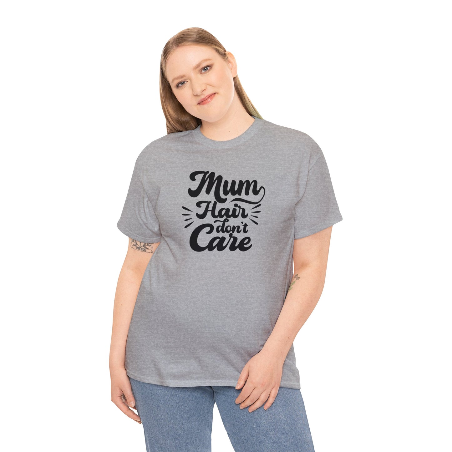 Unisex Heavy Cotton Tee Activewear Mom Hair Don't Care Black Writing