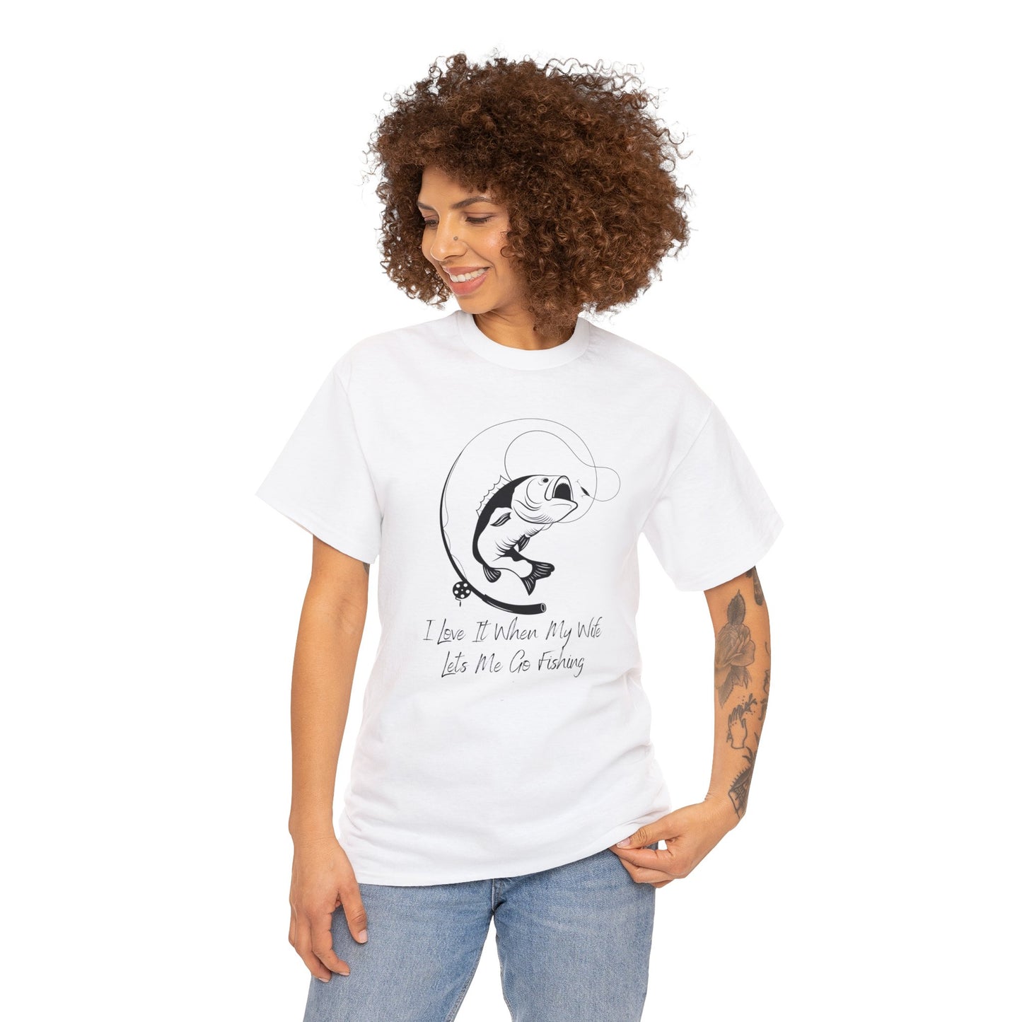 Unisex Heavy Cotton Tee Adult/Teen Activewear I Love It When My Wife Lets Me Go Fishing in Black T-shirt Comes In Many Colors