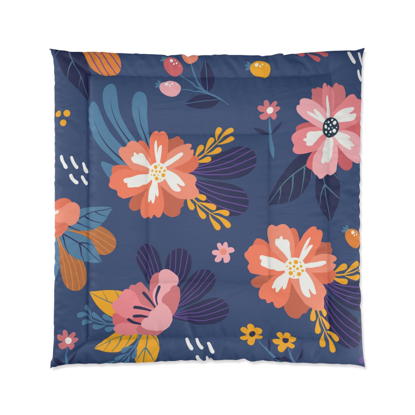 Comforter Adult/Teen/Kids Bedroom Blanket Blue With Orange Flower Pattern