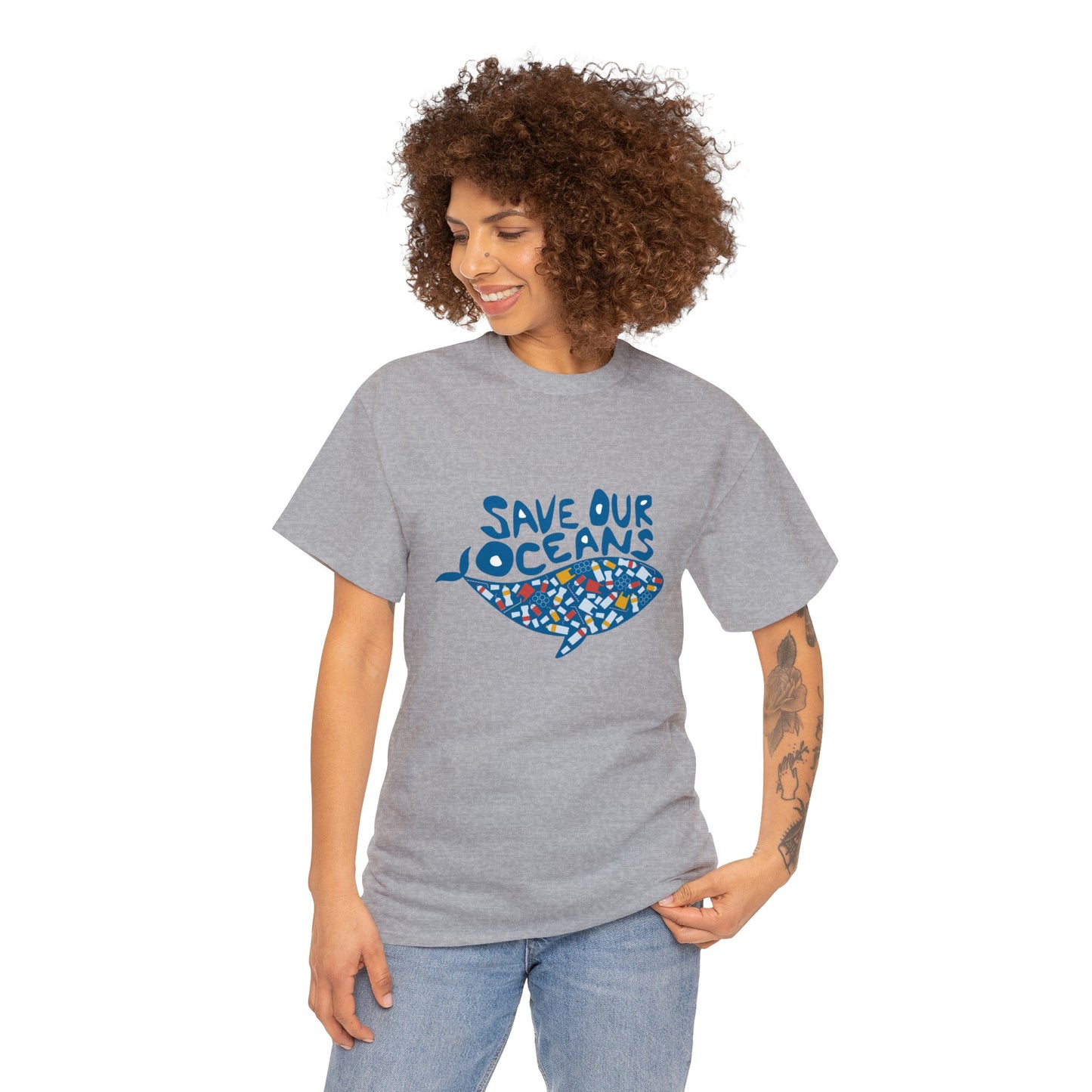 Unisex Heavy Cotton Tee Adult/Teen Activewear Shirt Comes In Many Colors Save Our Oceans Whale in Blue