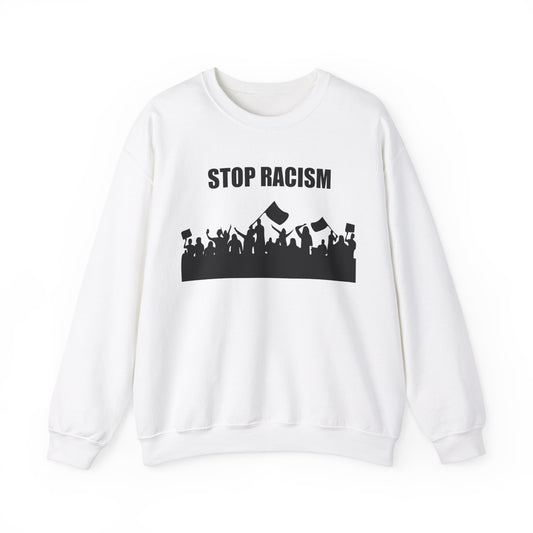 Unisex Heavy Blend™ Crewneck Sweatshirt Adult/Teen Activewear Stop Racism on Front in Black Writing on Back Black Lives Matter in Black Image