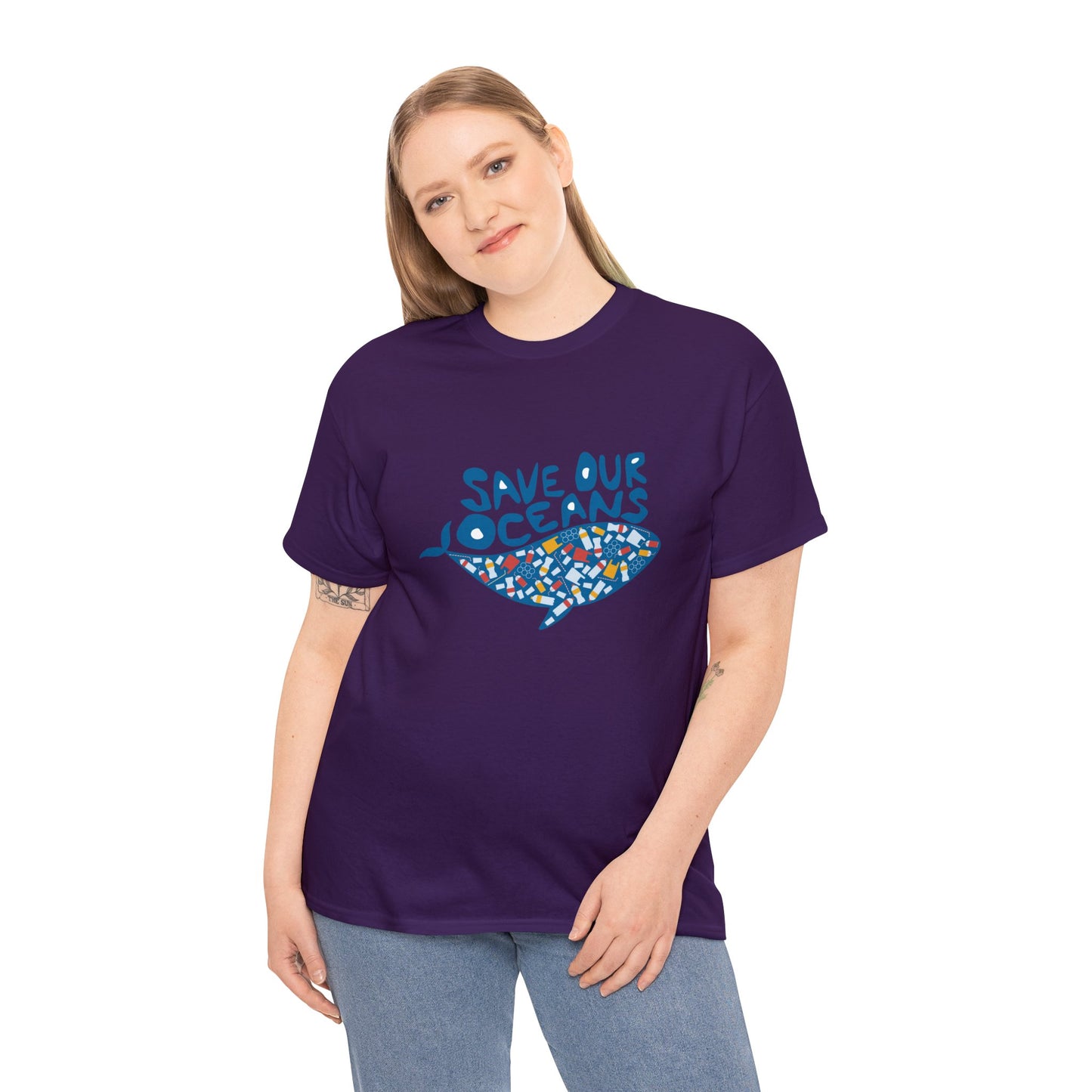 Unisex Heavy Cotton Tee Adult/Teen Activewear Shirt Comes In Many Colors Save Our Oceans Whale in Blue