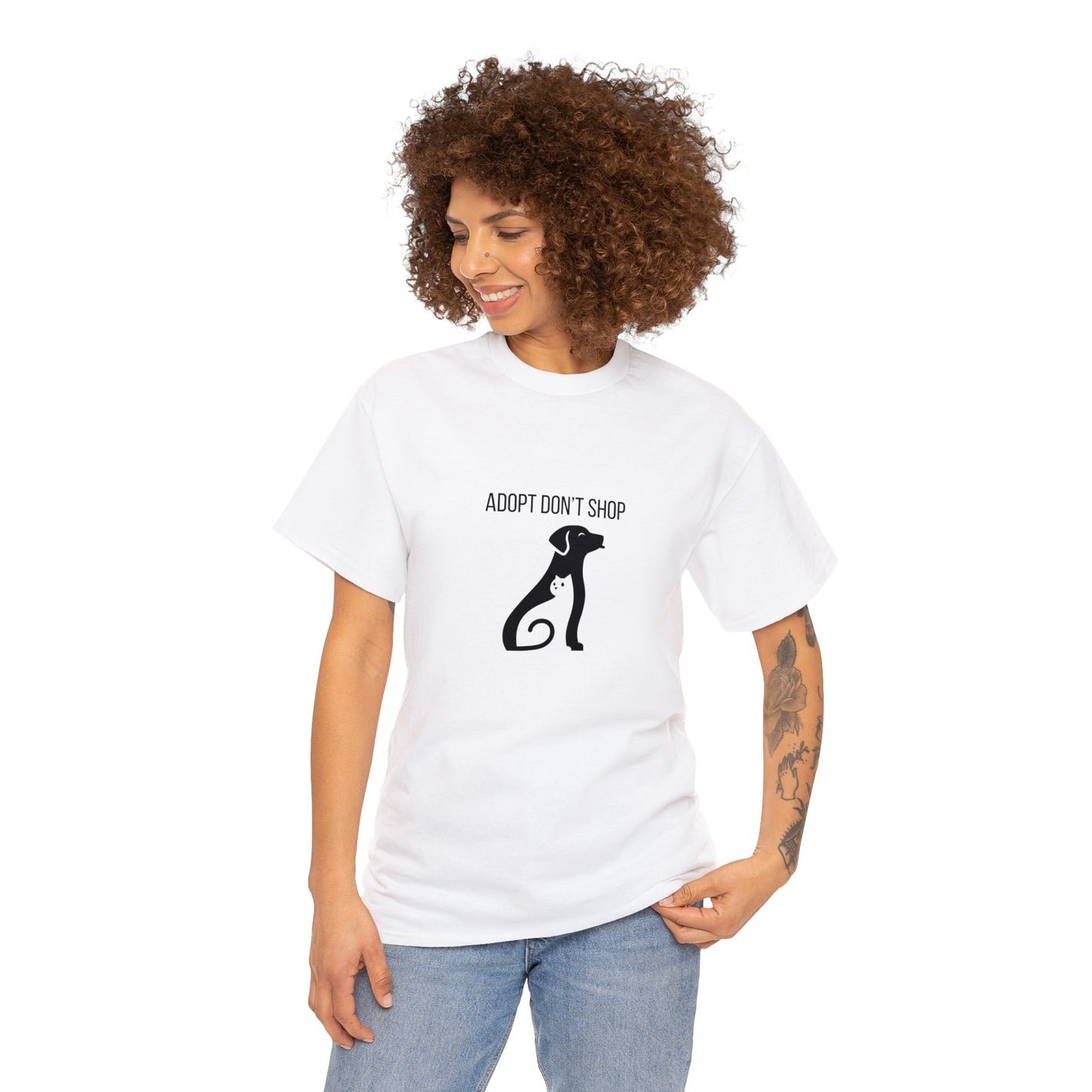 Unisex Heavy Cotton Tee Adult/Teen Activewear Adopt Don't Shop With A Image of Dog And Cat Shirt Comes In Many Colors