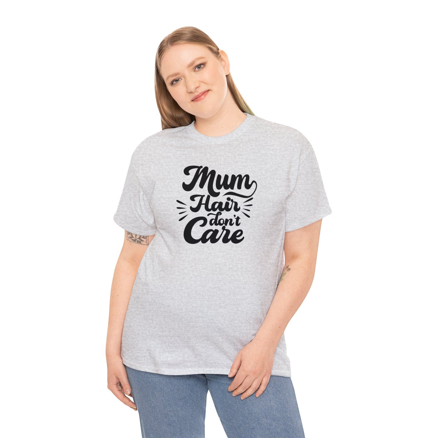 Unisex Heavy Cotton Tee Activewear Mom Hair Don't Care Black Writing