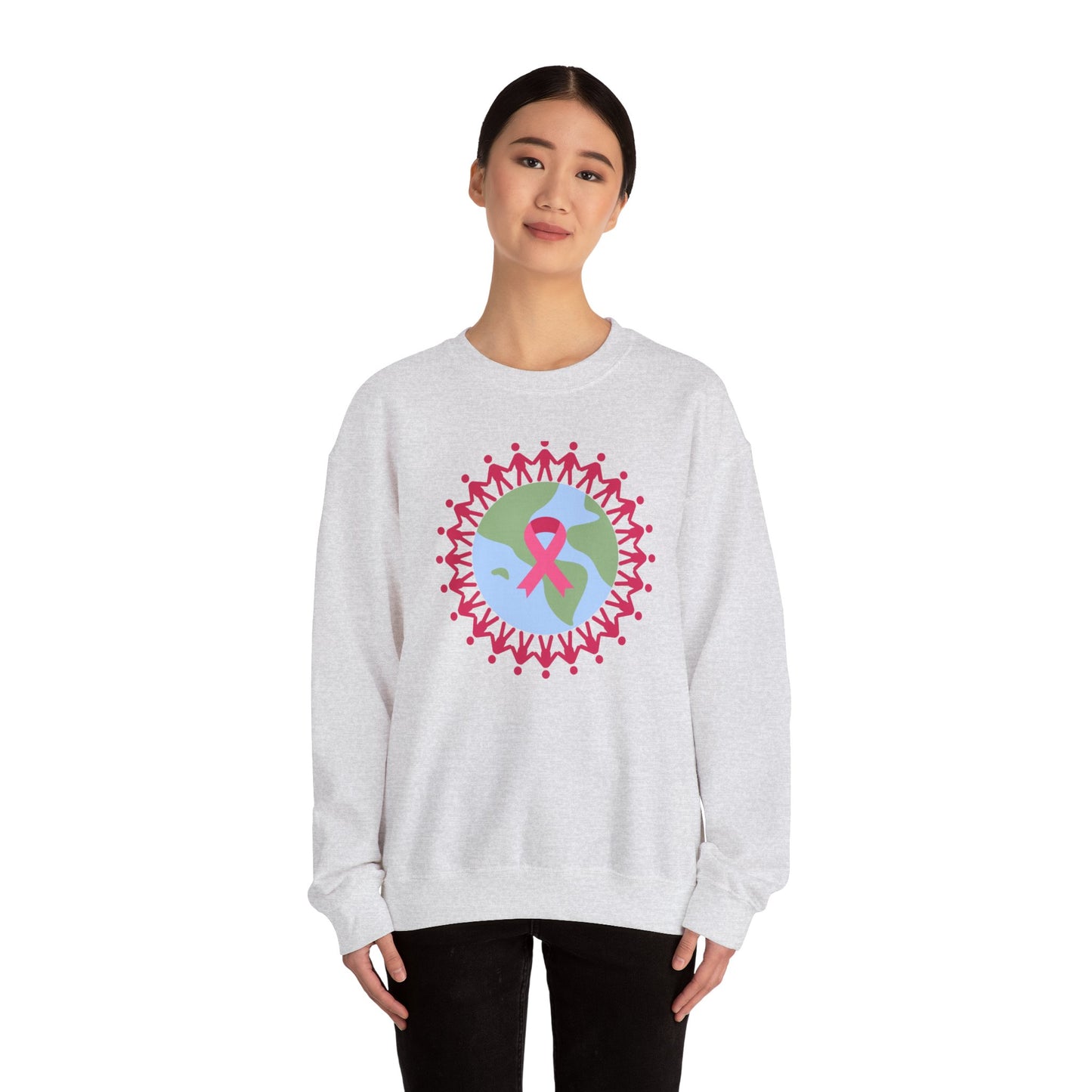 Unisex Heavy Blend™ Crewneck Sweatshirt Adult/Teen Activewear Image of Earth with Pink Stick figures Holding Hands for Breast Cancer Awareness